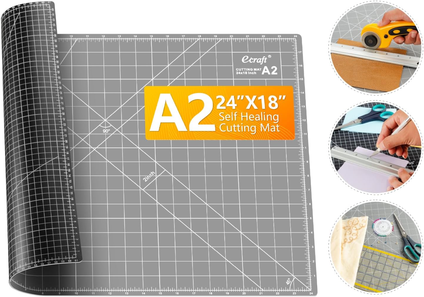 Ecraft Self Healing Cutting Mat:18" x 24" Double Sided 5-Ply Hobby Mat, A2 Rotary Cutting Sewing Mat for Crafts, Fabric,Sewing,Quilting,Scrapbooking,Projects,Grey/Black