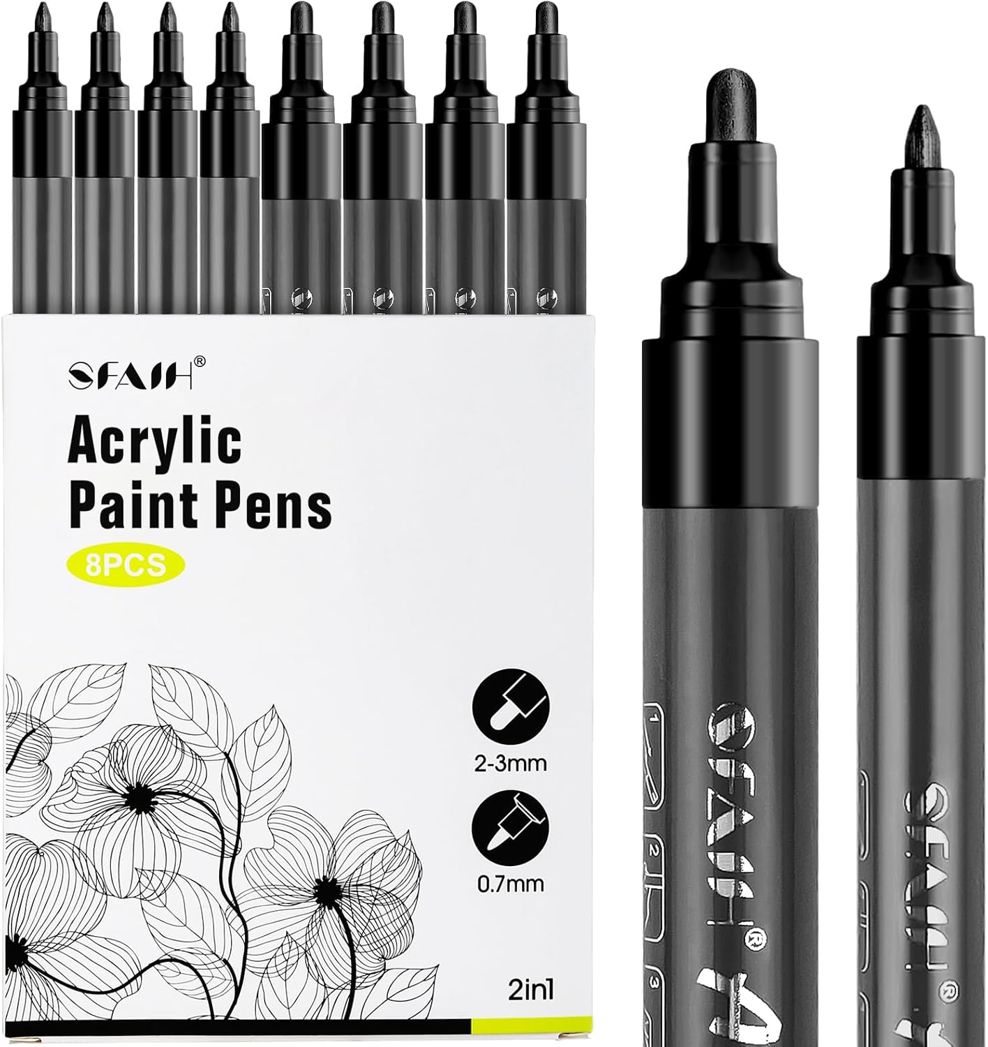 SFAIH Acrylic Black Paint Pens - 8 Pack 2-3MM Medium Tip & 0.7MM Extra Fine Black Permanent Markers for Rock Painting, Wood, Metal, Fabric, Plastic, Canvas, Glass, Ceramic, Diy Crafts