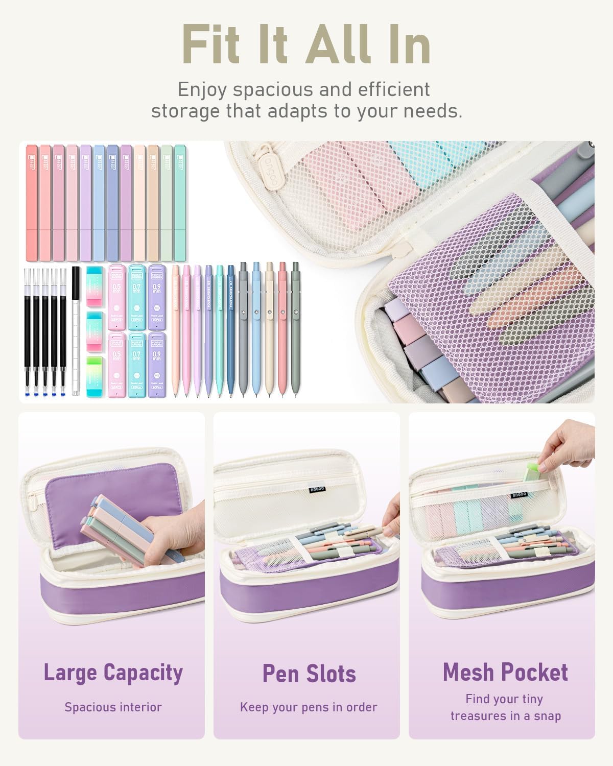 Four Candies 39 PCS Aesthetic School Supplies with Cute Pen Case, 12 Pastel Highlighters, 5 Black Ink Gel Pens, 6 Mechanical Pencils Set 0.5 & 0.7mm for Students Stationary College Essentials (Purple)
