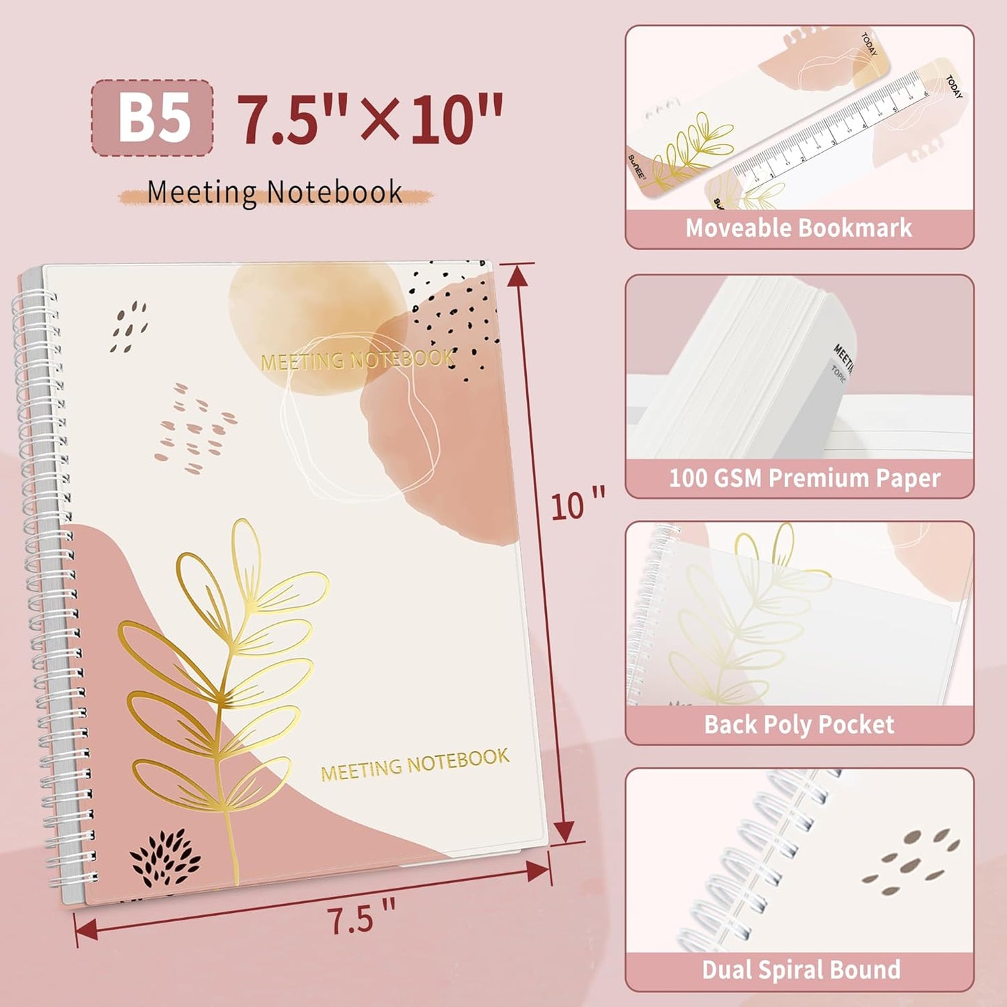 SUNEE Half Meeting Half Note - 7.5"x10" Professional Notebooks for Work - 160 Pages, B5 Size Project Planner, Spiral Meeting Agenda/Minutes Organizer for Women Men, Note Taking, Office & Business