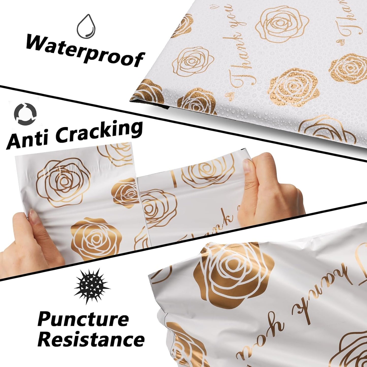 Thank You Poly Mailers 14.5x19 Inch 50 Pcs - Gold Rose Printed Shipping Bags for Clothing - Waterproof and Tear Resistant Mailing Envelopes - Self-Sealing Packaging Bags for Small Business