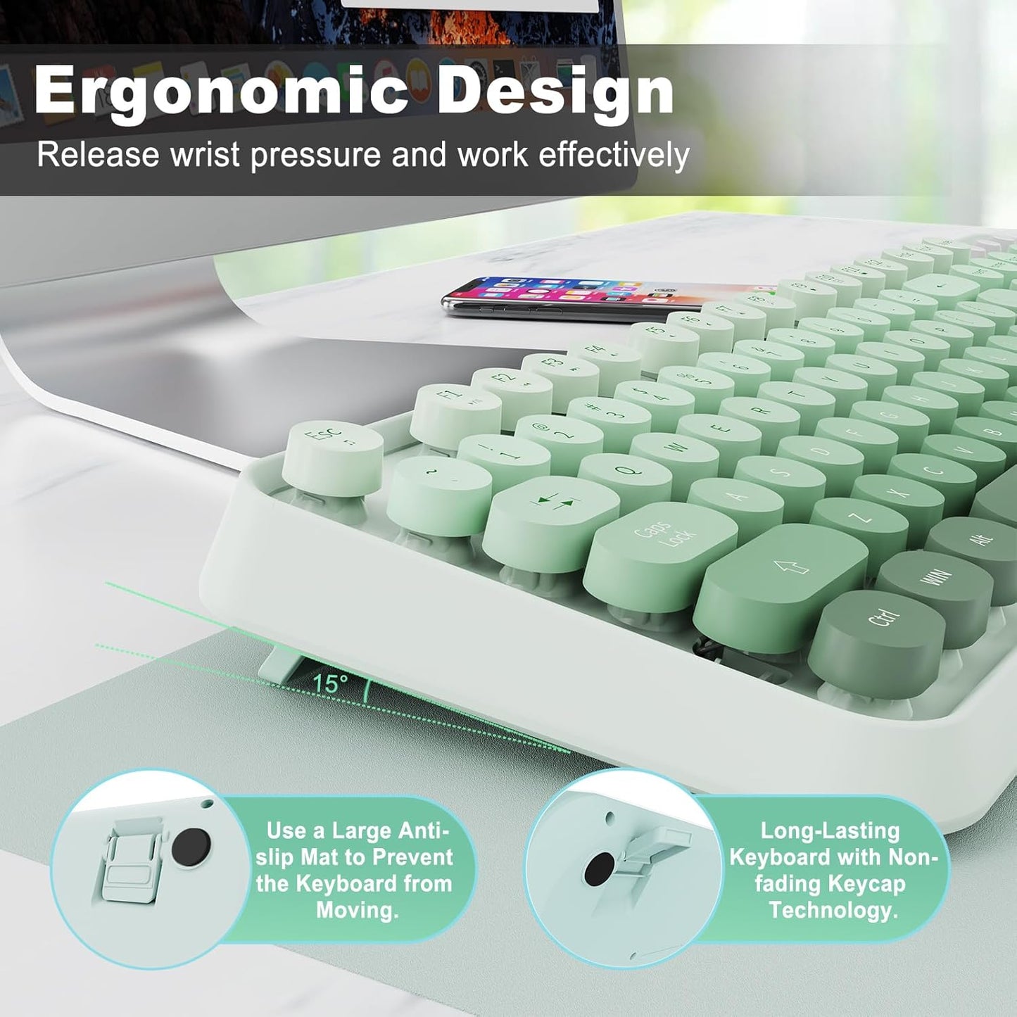 FOPETT Wireless Keyboard and Mouse Combo, 104 Keys Full-Sized 2.4 GHz Round Keycap Colorful Keyboards, USB Receiver Plug and Play, for Windows, Mac, PC, Laptop, Desktop (GradientGreen)