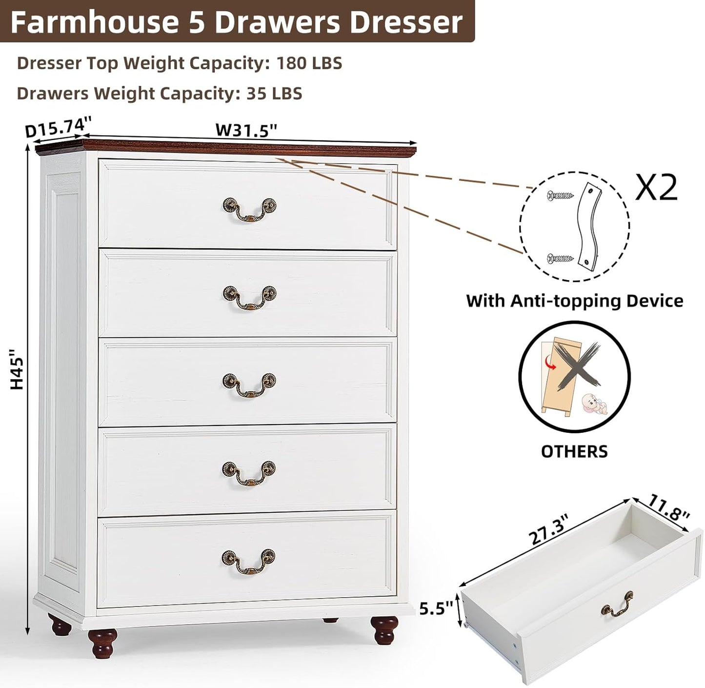 Farmhouse 5 Drawer Dresser Set of 2 for Bedroom, 45" Tall Rustic Chests of Drawers w/ 4 Solid Wood Feet, Mid Century Vintage Wooden Closet Storage Dressers Organizer for Living Room, White