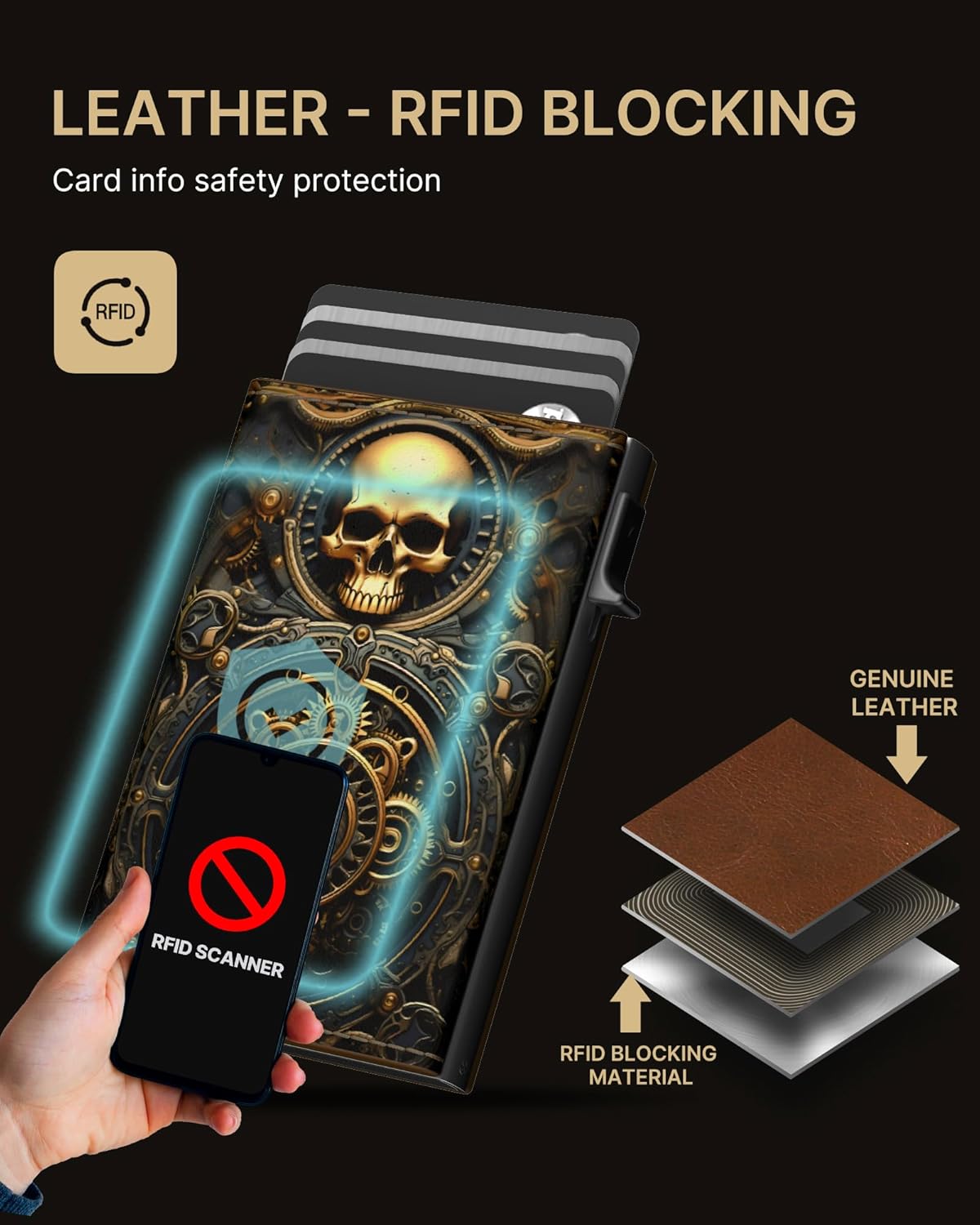 typecase Mens Wallet Card Holder: Pop Up Aluminum Case, Carbon Fiber Leather, Smart, RFID Blocking, Slim, Minimalist, Front Pocket - 9-14 Card Capacity | ID Window | Cash Slot (Skull)