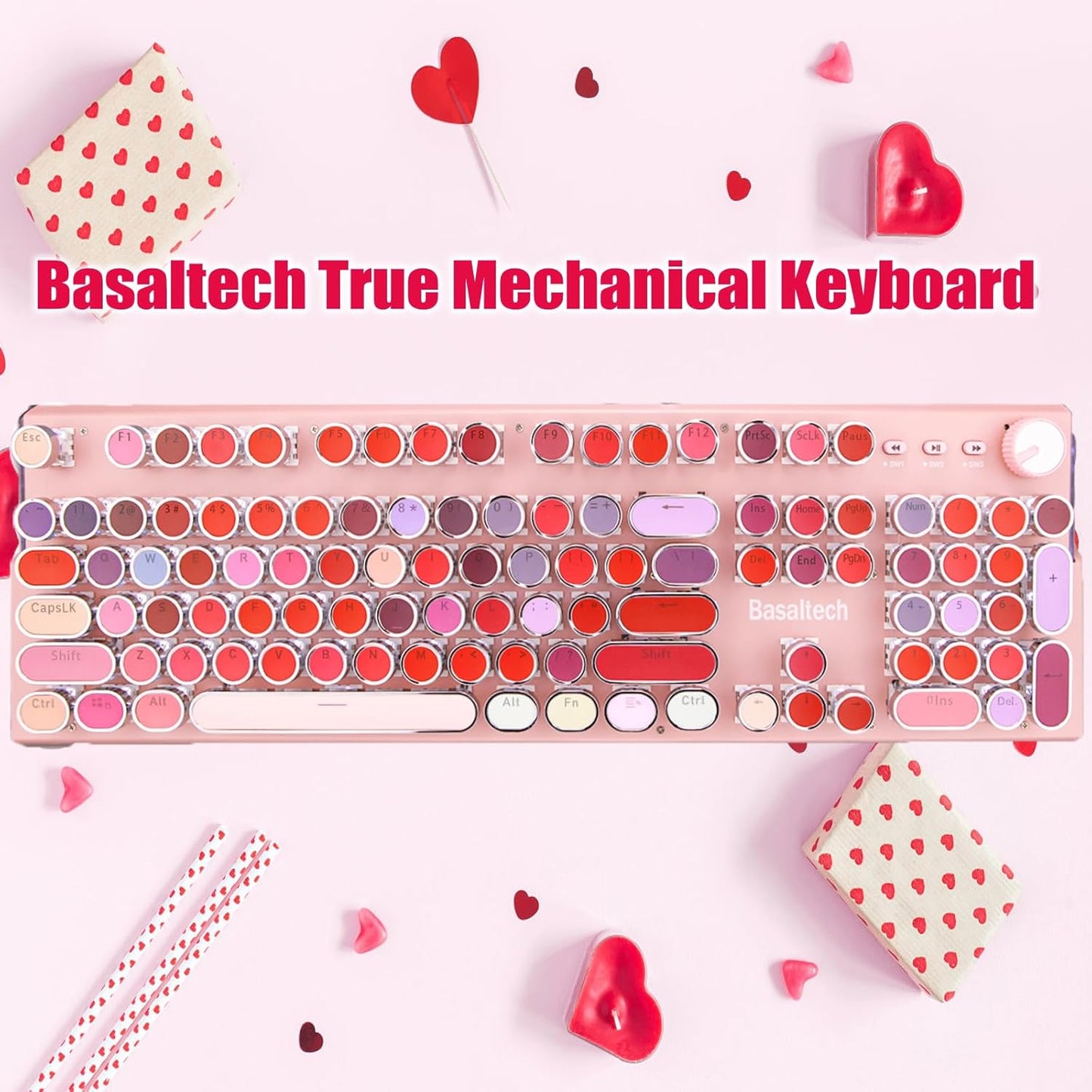 Basaltech Pink Keyboard Typewriter Style with White LED Backlight,Vintage Mechanical Gaming Keyboards with Lipstick Round Keycaps, Blue Switches 104-Keys Wired Keyboard Metal Panel for Laptop/pc