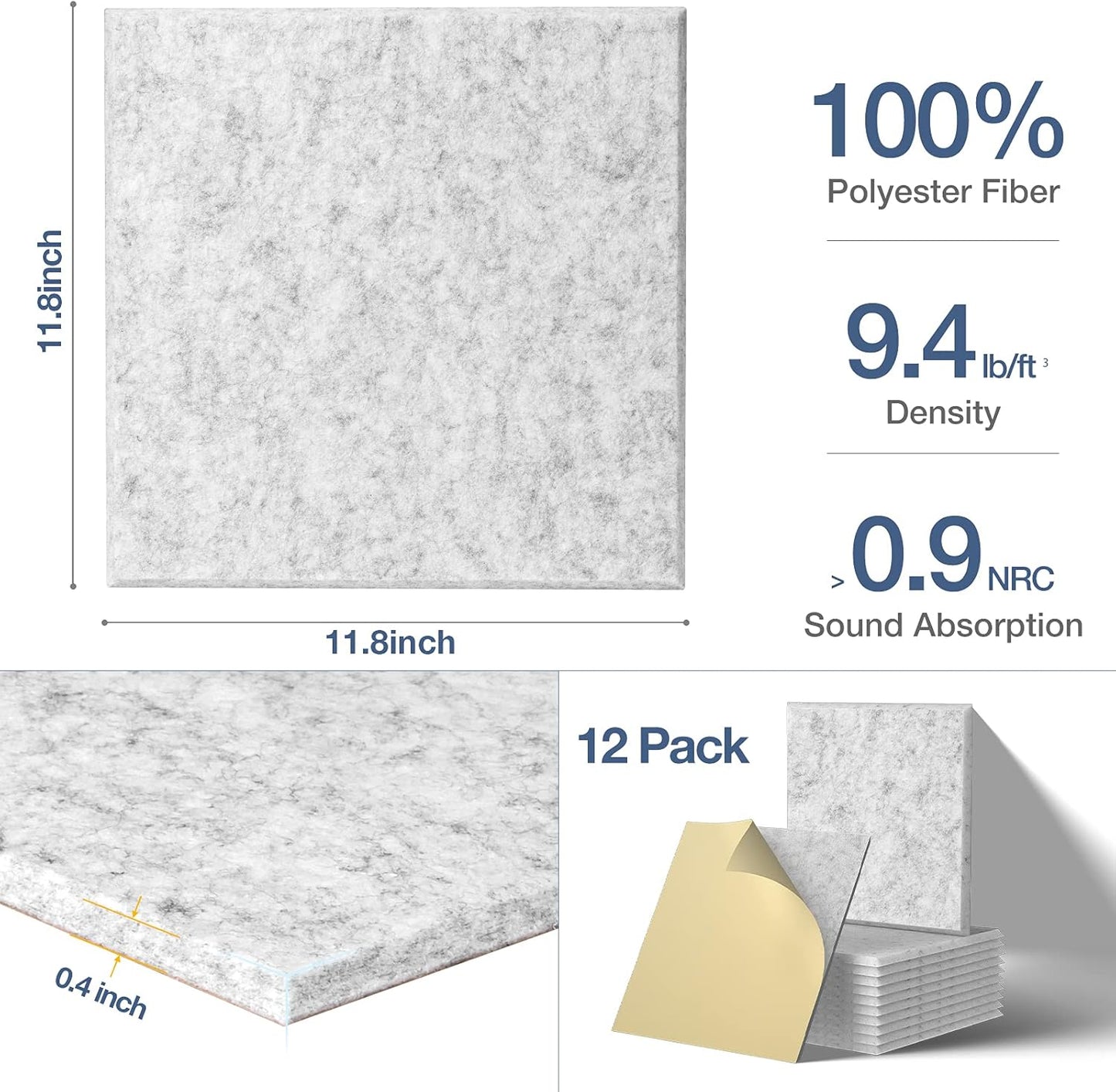 12 Pack Self-Adhesive Acoustic Panels, 12" X 12" X 0.4" High-Density Polyester Sound Proof Foam Panels for Walls, Soundproof Wall Panels for Home & Office (Sliver Gray)