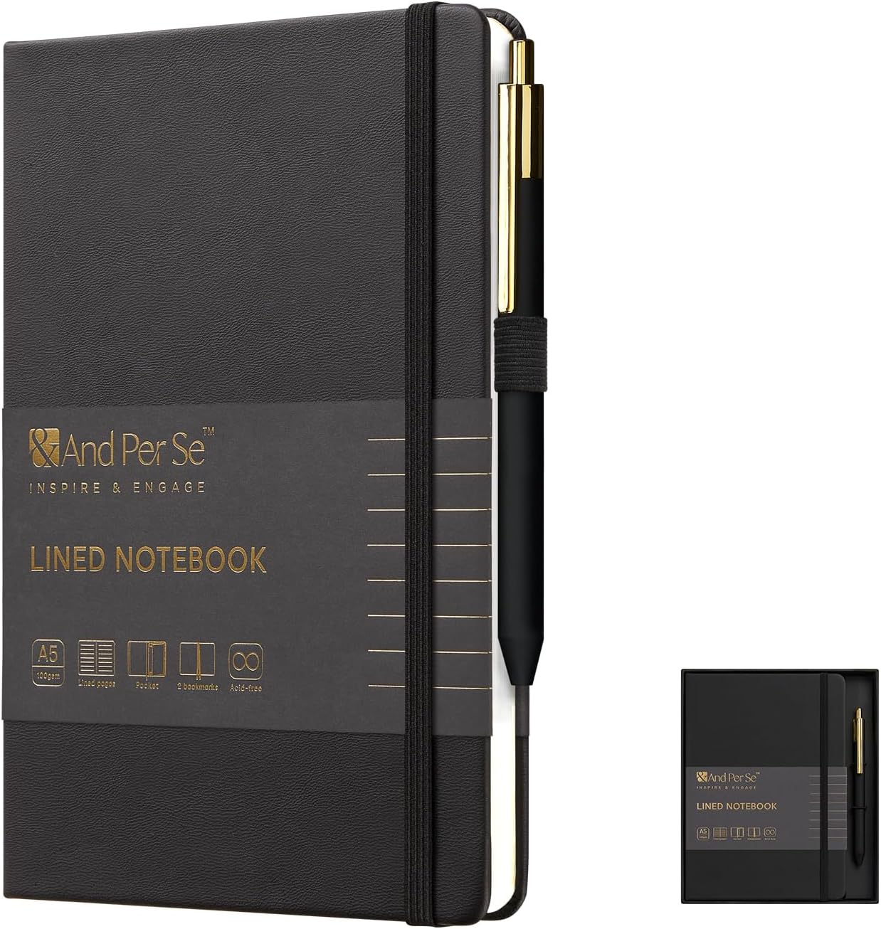 A5 Lined Leather Journal and Pen Set for Women&Men, Gift Box Included, Hardcover Notebook with 160 Pages 100GSM Thick Paper, for Work, Business, School or Home Writing(Black)
