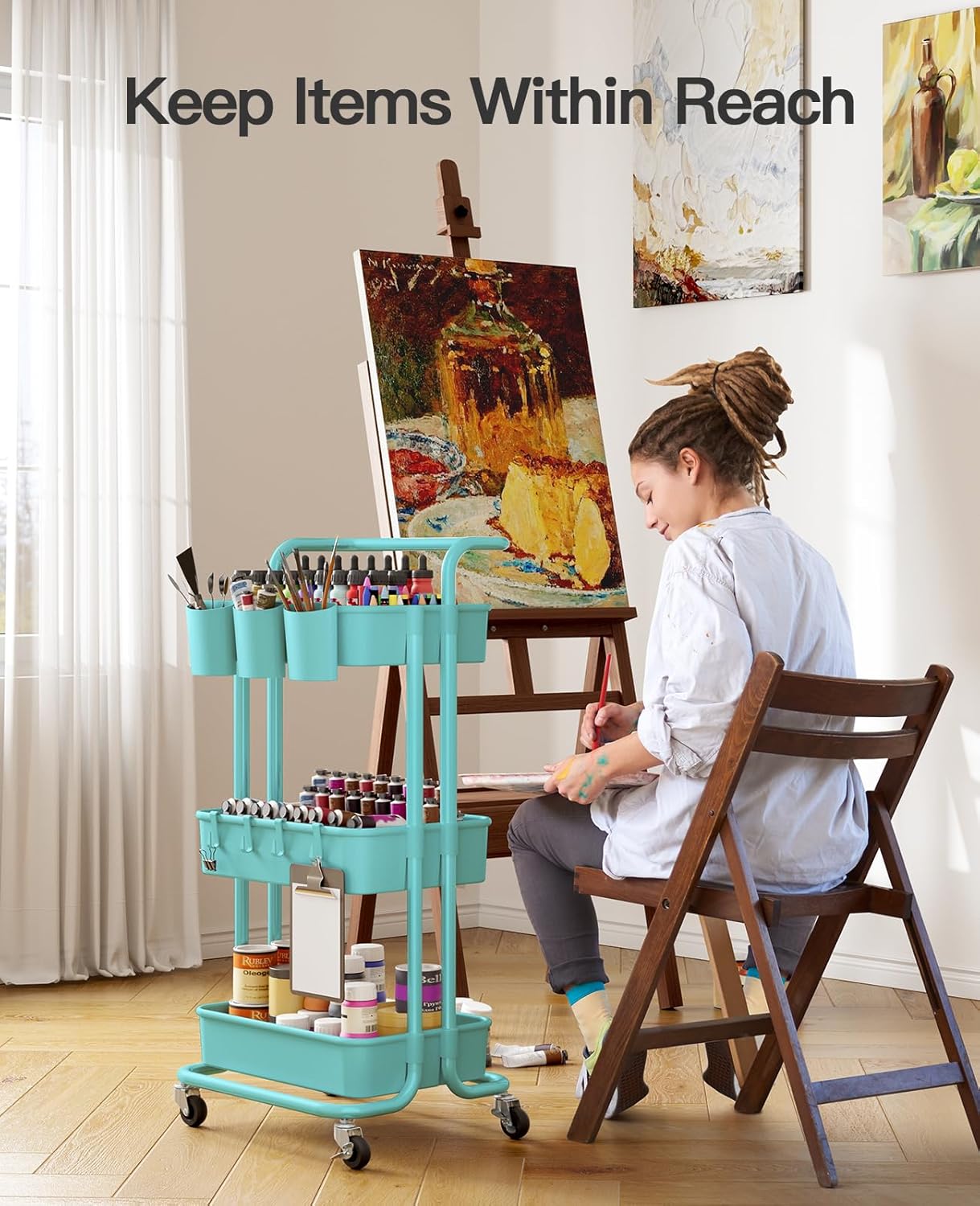 Pipishell 3 Tier Rolling Cart with Wheels - Rolling Storage Cart with 3 Hanging Cups & 4 Hooks - Art & Craft Carts Organizer for Office, Kitchen, Craft Room, Bedroom, Laundry Room (Turquoise)