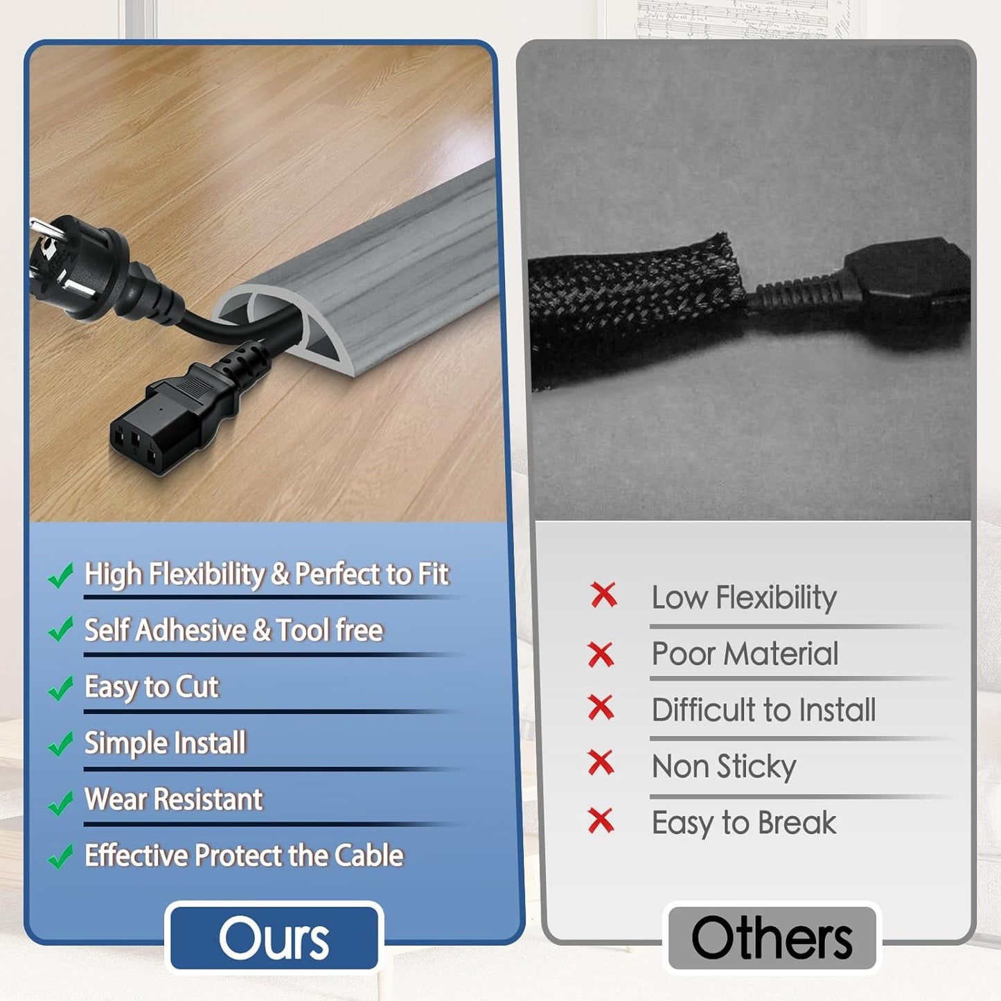 Floor Cord Cover for Wires on Floor Self Adhesive Cord Hider Floor Cable Management Wire Covers for Cords Protector Prevent Cable Trips Cord Cavity W 0.51" x H 0.31", Gray Wood, 20Ft