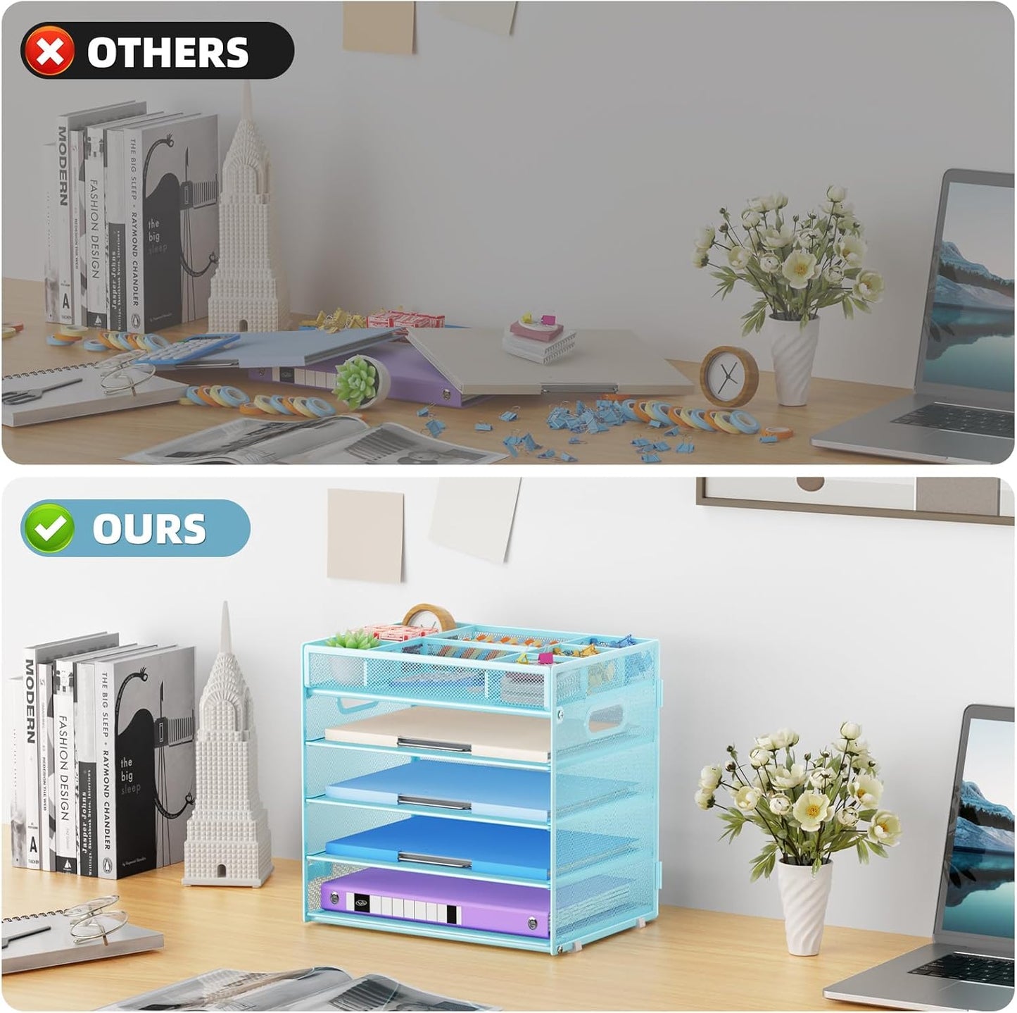 Marbrasse 5-Tier Letter Tray Paper Organizer with Handle, Multi-Functional Mesh File Organizer for Desk, Adjustable Compartments Mesh Desktop Storage for Office Supplies,Blue