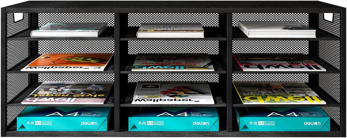 Mail Sorter Adjustable Countertop Heavy Duty Literature Organizer Student Mailbox for Classroom Desktop Bill Paper Holder Rack for Office Home School, 12 Compartments, Black