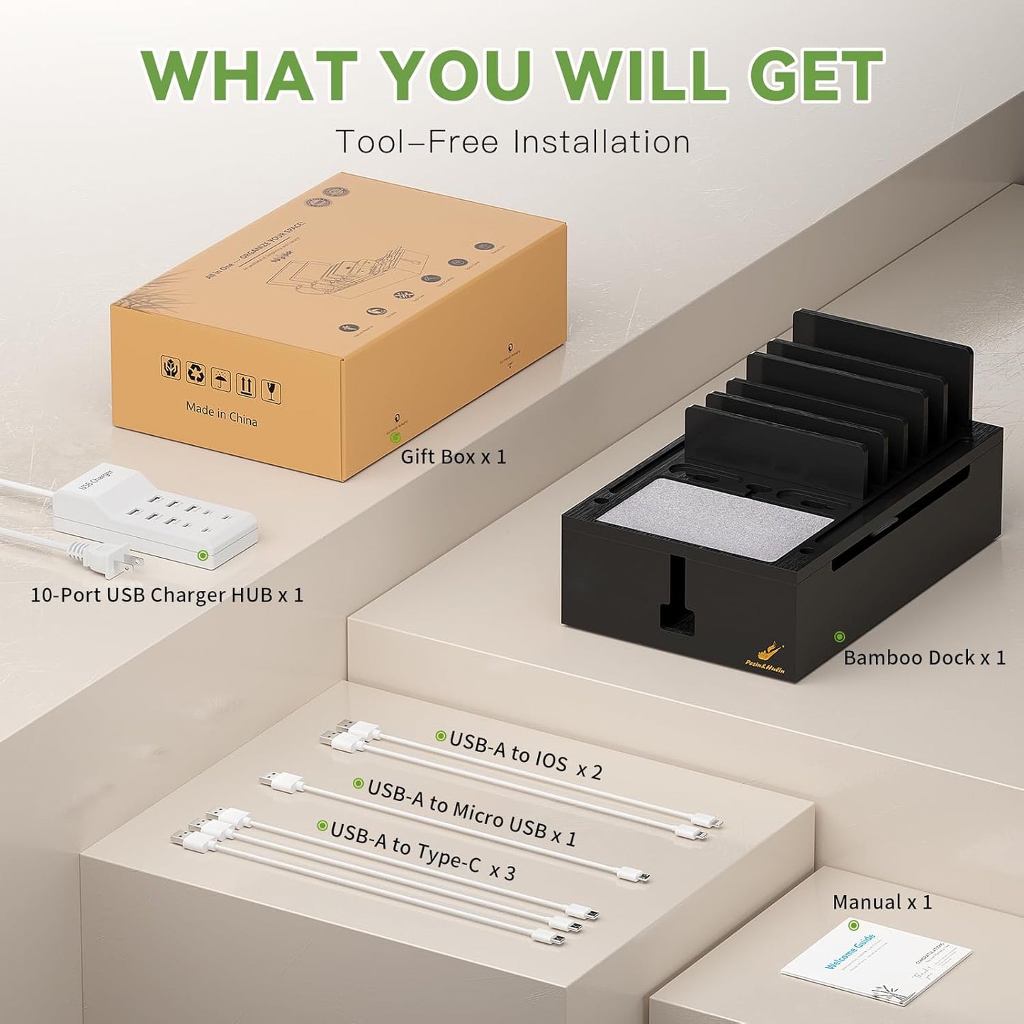 Pezin & Hulin Bamboo Charging Station for Multiple Devices, USB Charger Dock Organizer, with Power Supply (10 Ports HUB), 6 Cables, Cable Management Organizer for Cell Phones, Tablets -Black