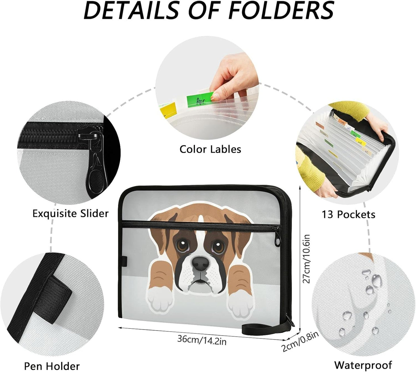 Boxer Dog Puppy Expanding File Folder 13 Pockets with Zipper Cute Dog Expandable Filing Folders Accordion Document Files Organizer for A4 Letter Size Paper