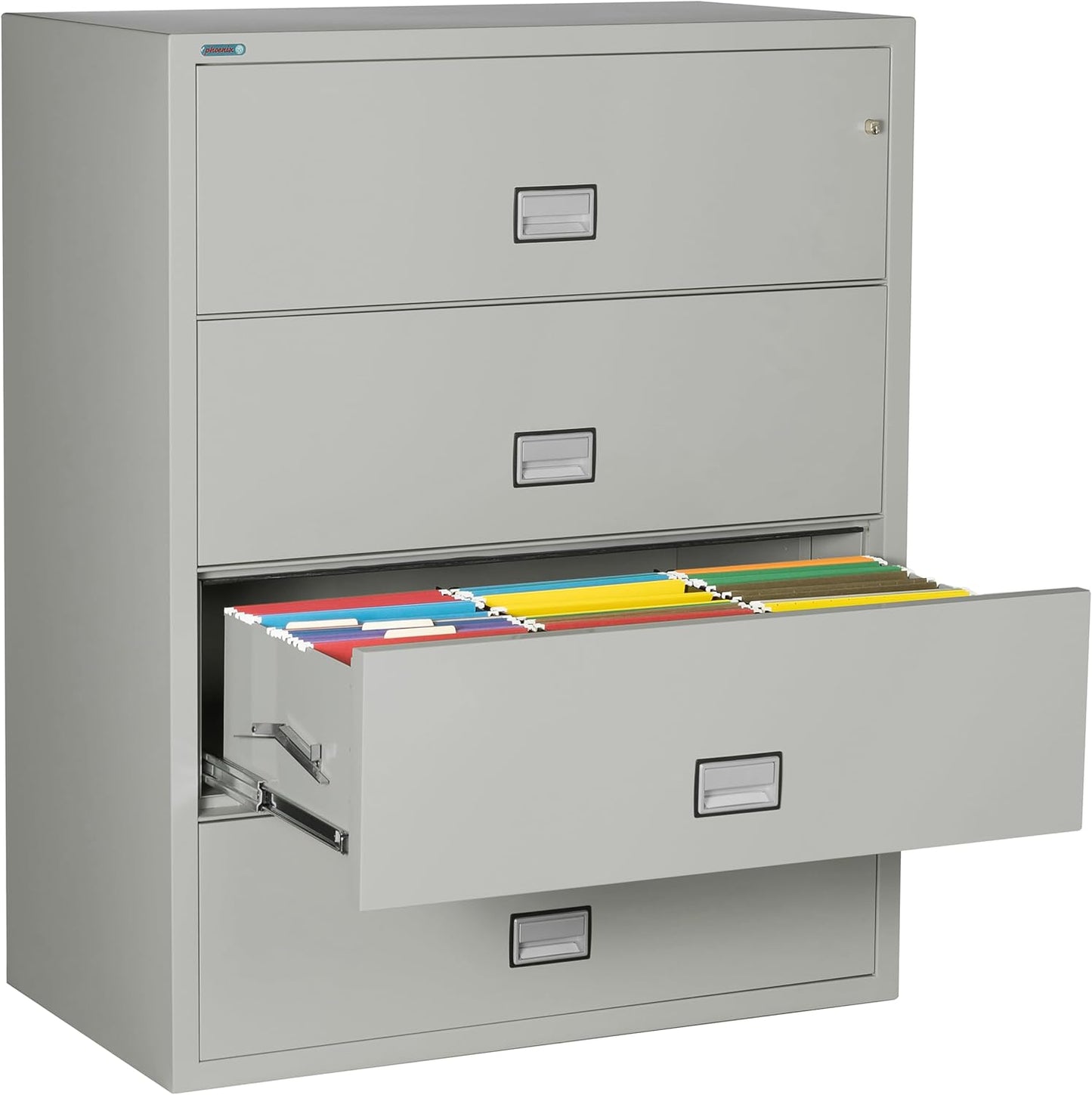 44 inch Wide 4-Drawer Lateral Fireproof File Cabinet – Legal and Letter Size Filing – Key Lock – Water Resistant – Fire Safe and Impact Rated – Light Gray Finish – Model LAT4W44LG