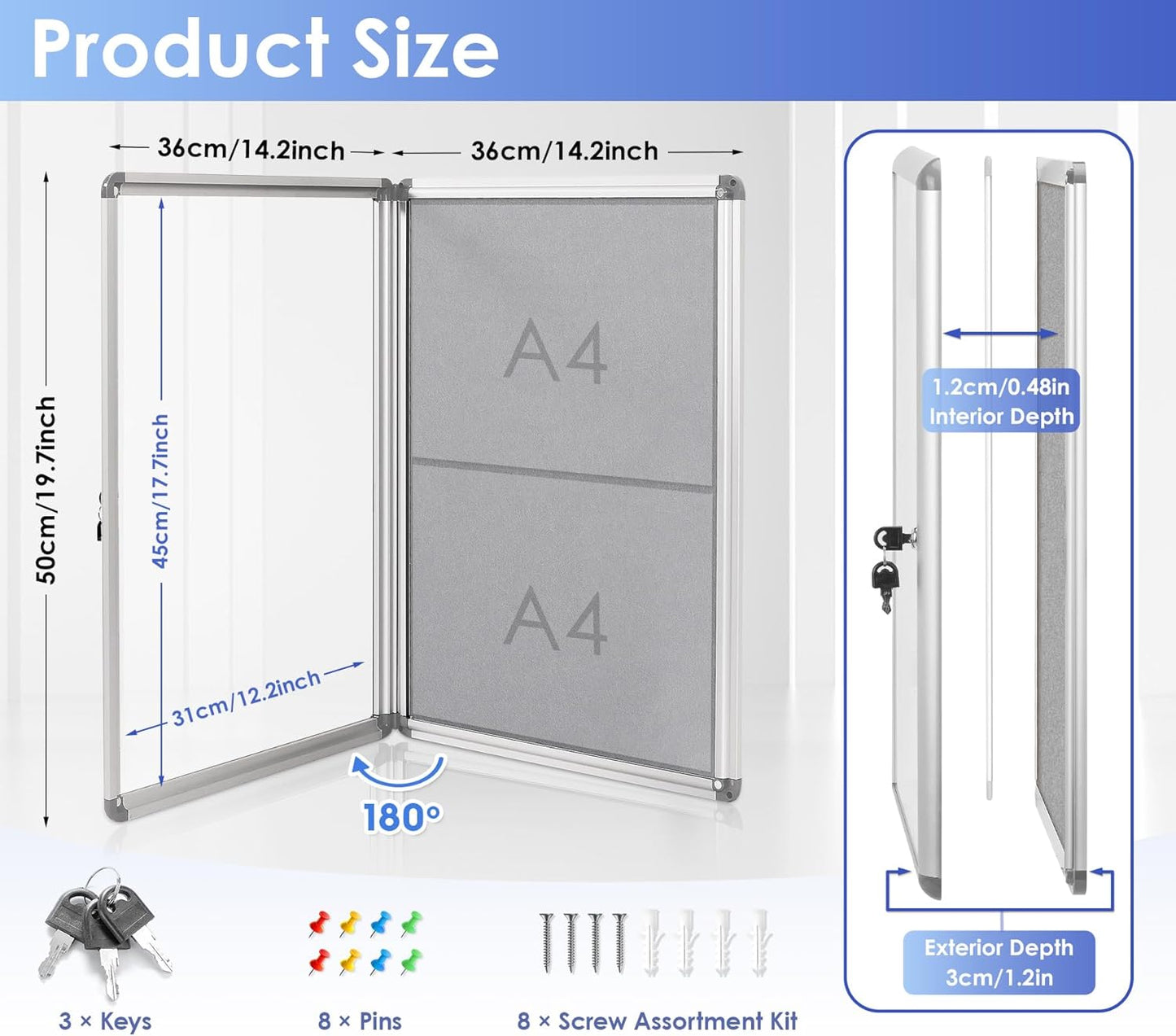 SWANCROWN Enclosed Bulletin Board Lockable Noticeboard Case with Aluminium Frame,Grey Felt, 20x14inch (2xA4)
