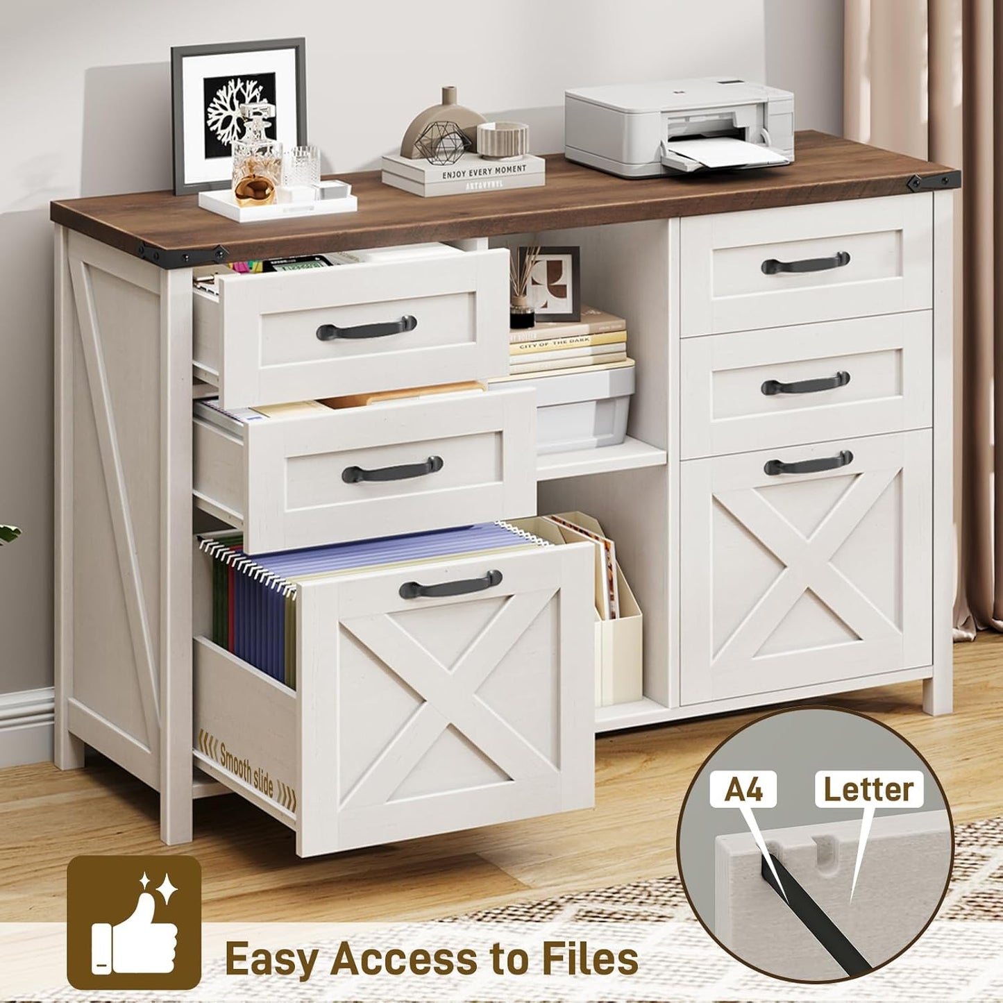 Lateral File Cabinet with 6 Drawers, Farmhouse Filing Cabinet for Letter/A4 Size, Wood File Storage Cabinets Printer Stand with Open Storage Adjustable Shelf for Home Office Cabinets, Rustic White