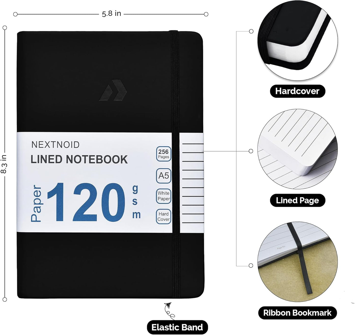 Nextnoid Hardcover Lined Journal Notebook - 120 GSM Thick Paper, Medium A5-256 Pages - Perfect For Writing, Journaling and Note-Taking (Black, Ruled)