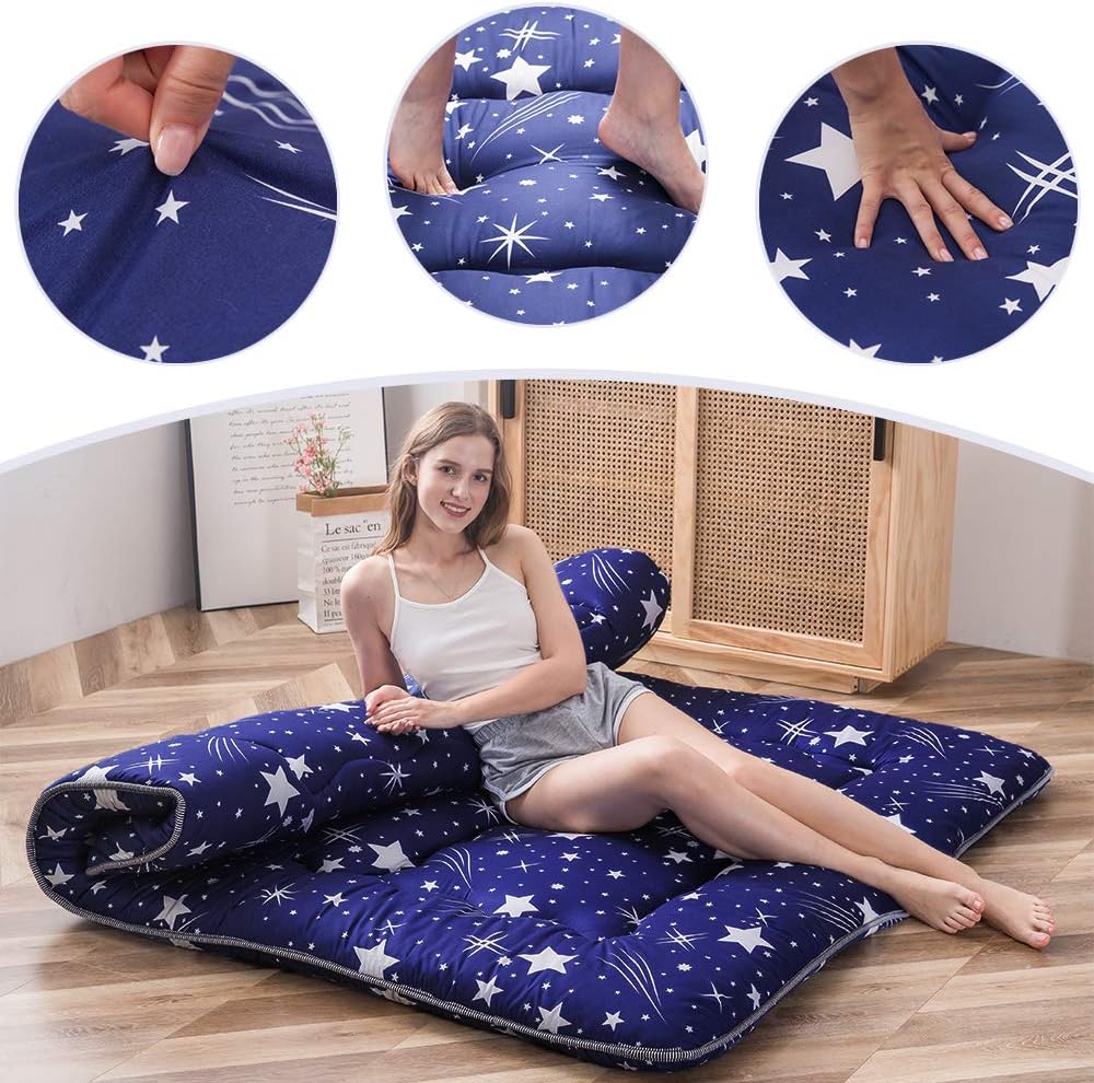 MAXYOYO Navy Starry Sky Japanese Floor Futon Mattress, Tatami Floor Mat Portable Camping Mattress Kids Sleeping Pad Foldable Rolling Up Floor Lounger Couch Bed Queen with Mattress Protector Cover