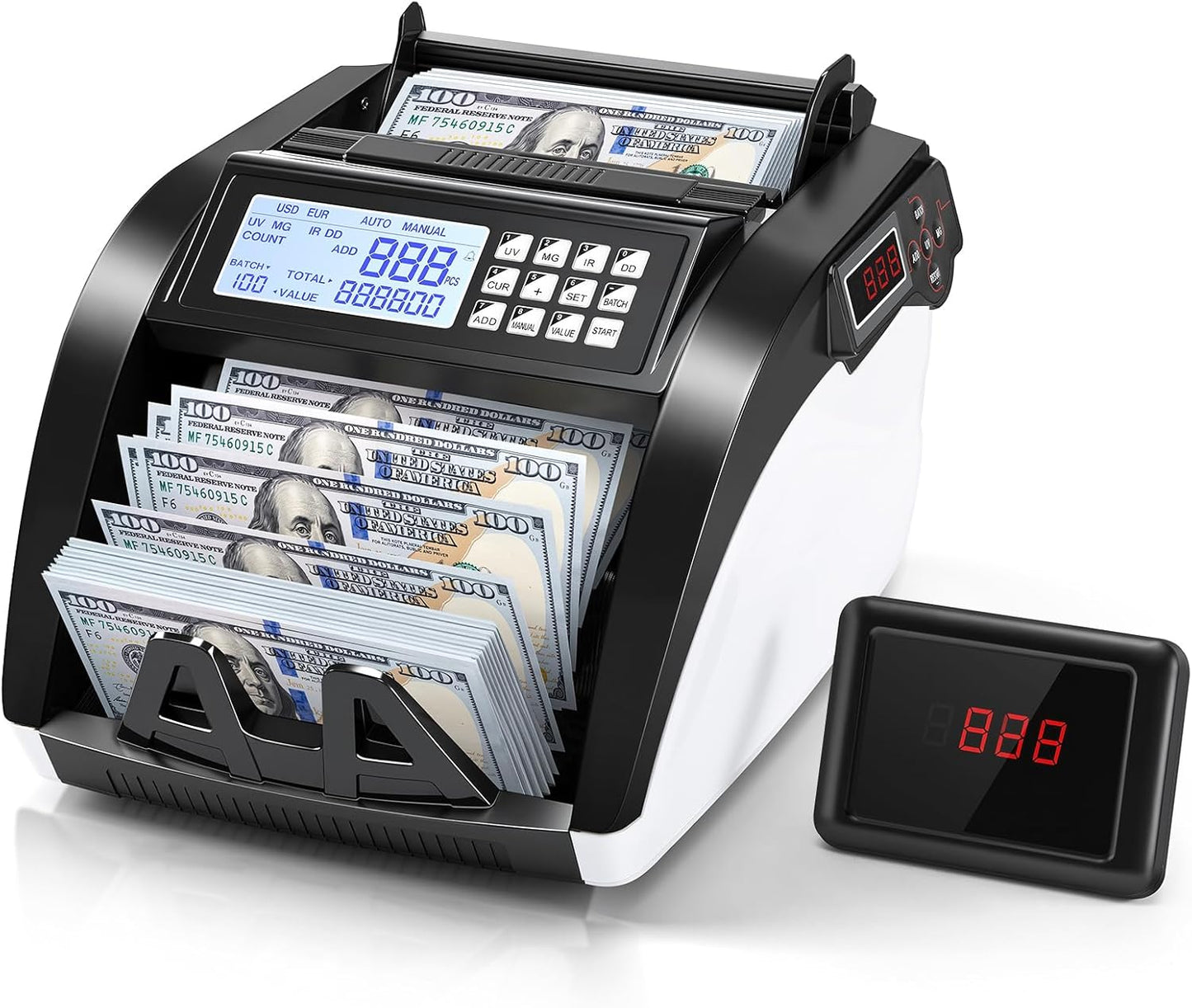 Money Counter Machine with Value Count,4" LED Display,Cash Counter for Dollar/Euro with UV/MG/IR/DD Detection, Bill Counting with Count/Add/Batch/Auto Modes,Bill Counter Fast Counting 1,200/Min
