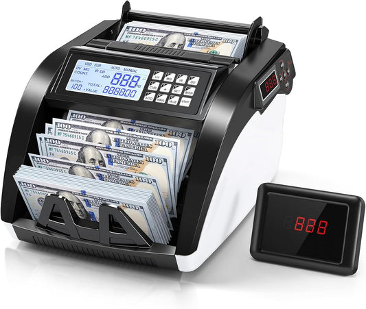 Money Counter Machine with Value Count,4" LED Display,Cash Counter for Dollar/Euro with UV/MG/IR/DD Detection, Bill Counting with Count/Add/Batch/Auto Modes,Bill Counter Fast Counting 1,200/Min