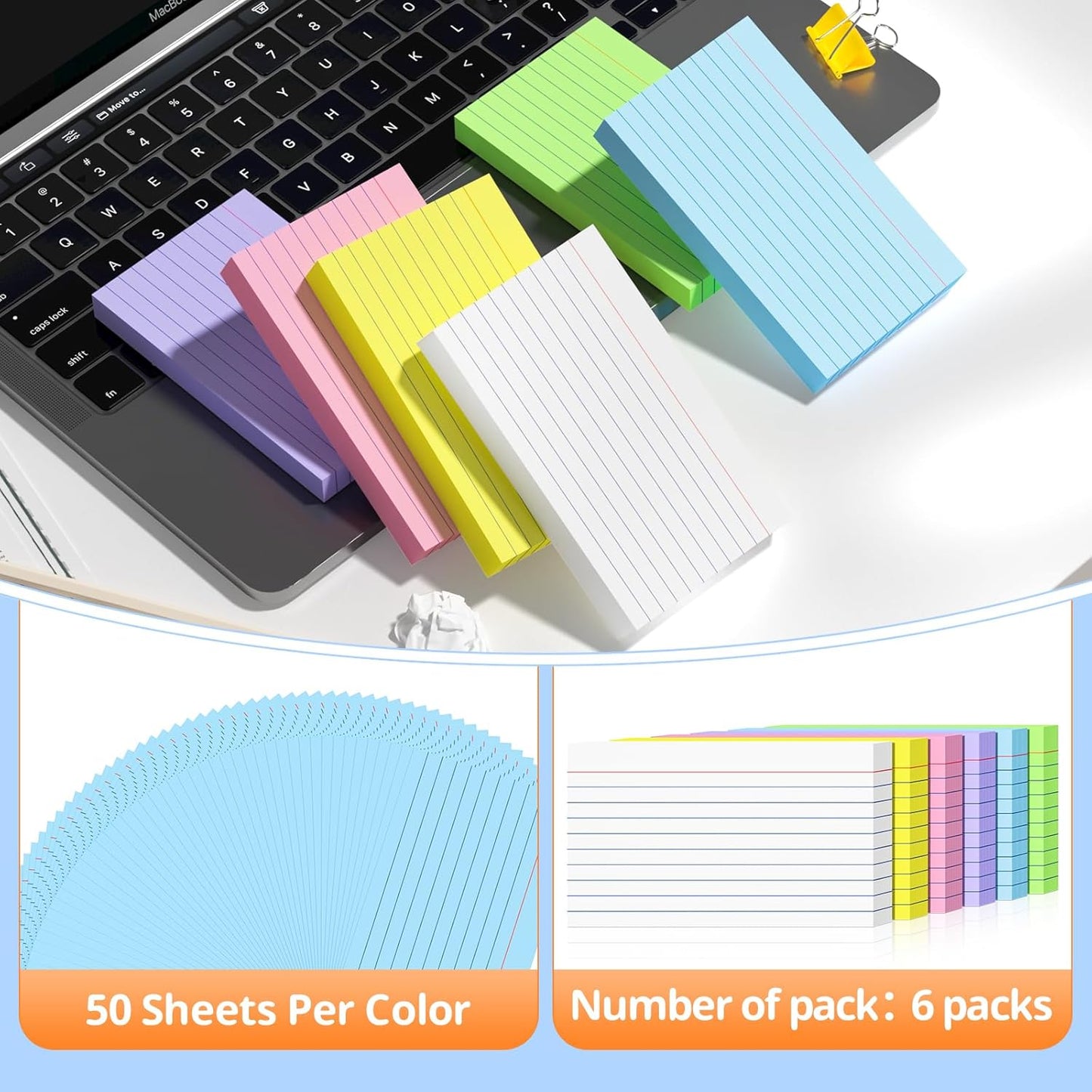 Colored Index Cards 3 X 5, 300 Count, Flash Cards For Studying, Lined Flashcards Notecards, Study Card, Ruled Front And Blank Back, Heavy Note Cards For Office, Home And School