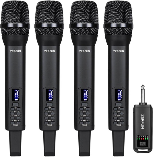 Rechargeable Wireless Microphones 4, Pro Handheld Cordless Mics System Dynamic with Echo Treble BASS VOL Control for Karaoke Singing Church Party, 1/4'' Output, D240, Black