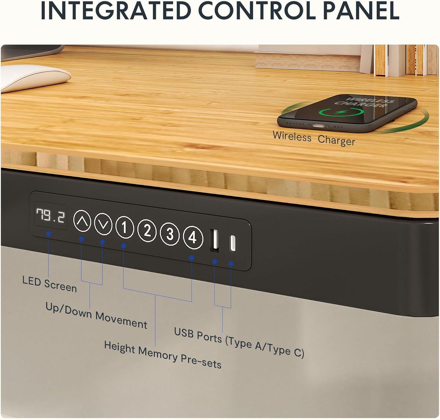 SANODESK Standing Desk with Drawer,Dual Motor 3 Stage Electric Height Adjustable Home Office Desk with Storage & Wireless Charging, 55 inch Bamboo Tabletop/Black Frame