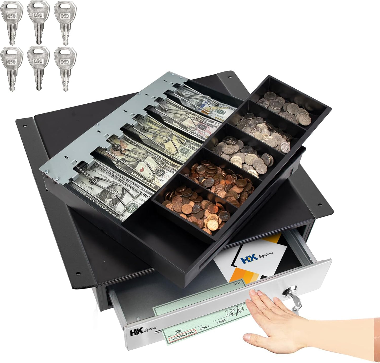 HK SYSTEMS 16" Heavy Duty Black"Push" Open Cash Drawer, 5B5C with Under Counter Mounting Metal Bracket and Till Cover