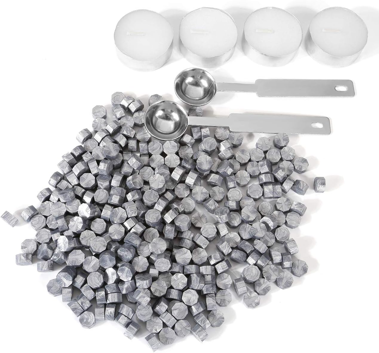 Silver Sealing Wax Beads, Yoption 300 Pieces Octagon Wax Seal Beads Kit with 2 Melting Spoon and 4 Candles for Seal Stamp (Silver)