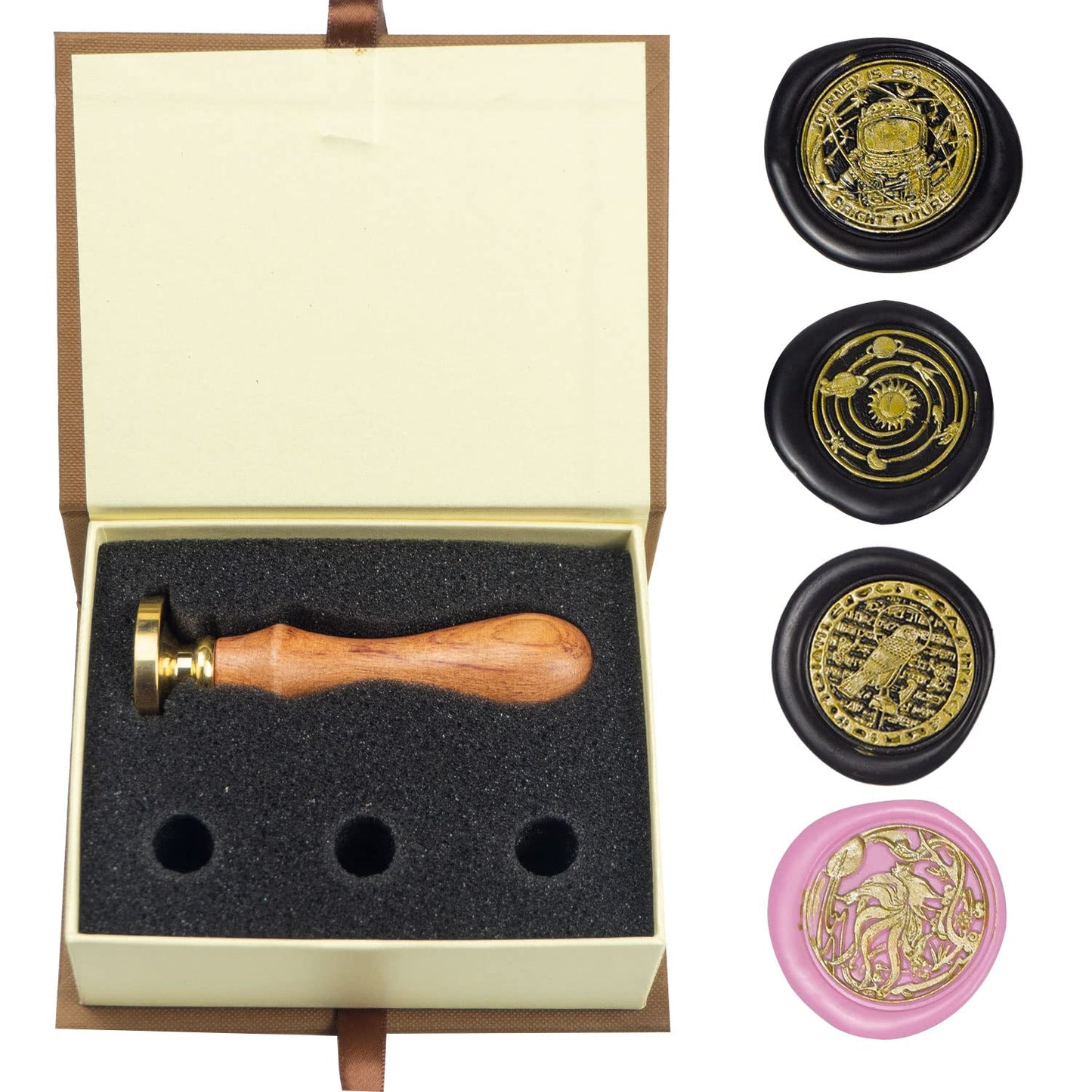 Wax Seal Stamp Kit With 4 Removable Brass Heads and Wooden Handle - Sunbird Fox Starry Sea Sealing for Cards Invitations