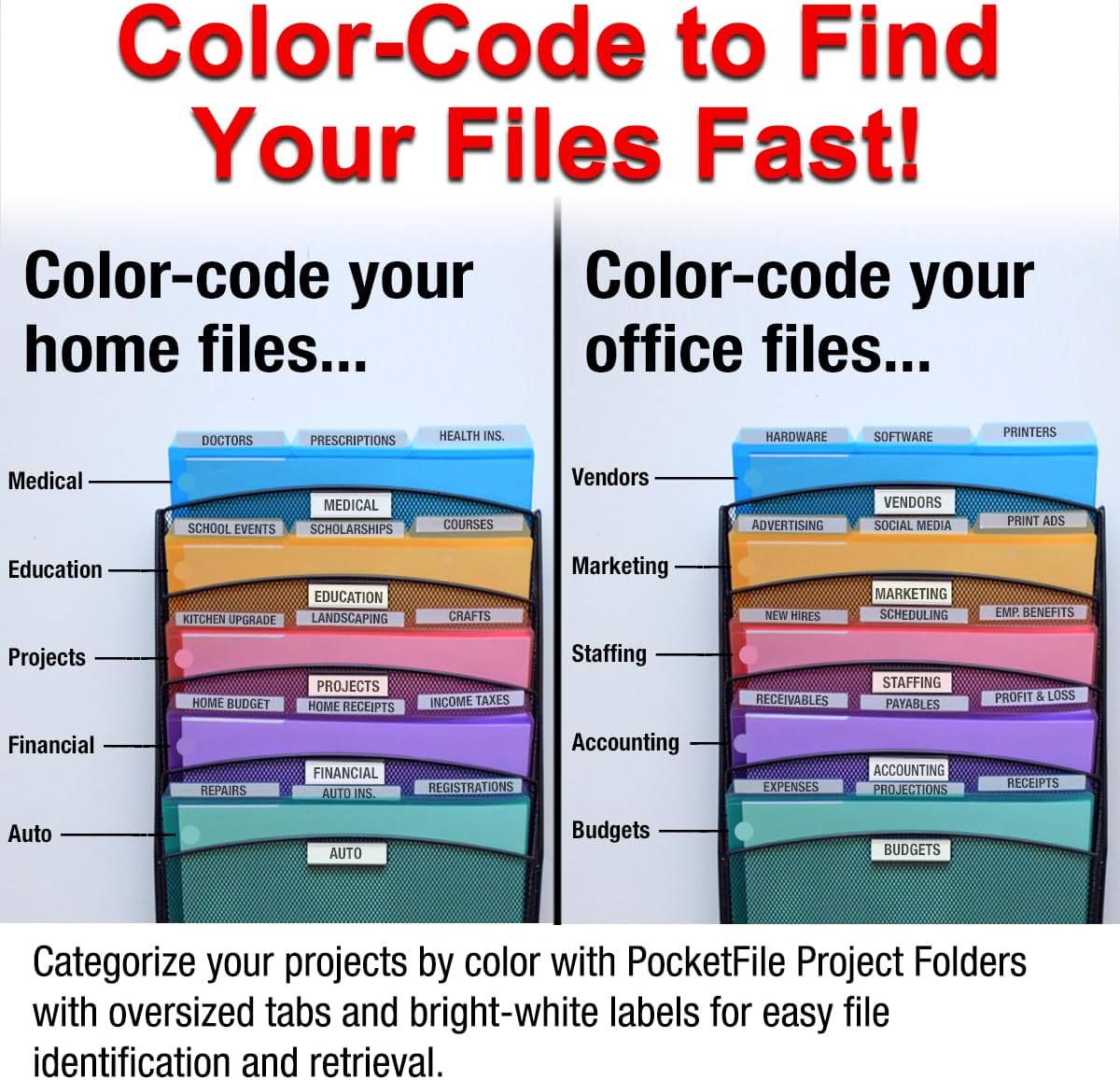 Ultimate Office Mesh Wall File Organizer, 12 Tier Vertical Mount Hanging File Sorter. Multipurpose Display Rack Includes 18, 3rd Cut PocketFile Clear Document Folder Project Pockets (Black)