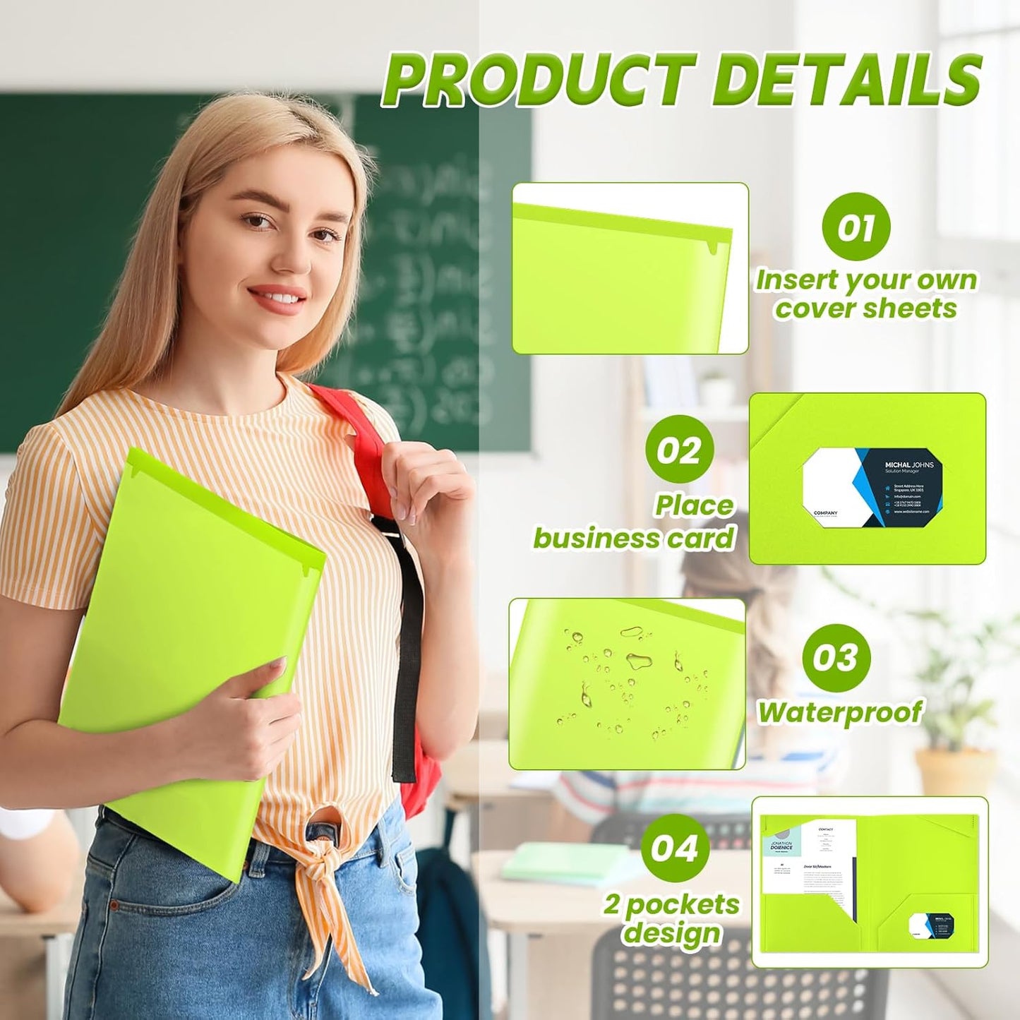 Henoyso 60 Pcs Plastic Folders with Clear Front Pockets Heavy Duty File Folders with 2 Pockets and Card Slot for Student Communication School Office Presentation Report (Fluorescent Green)