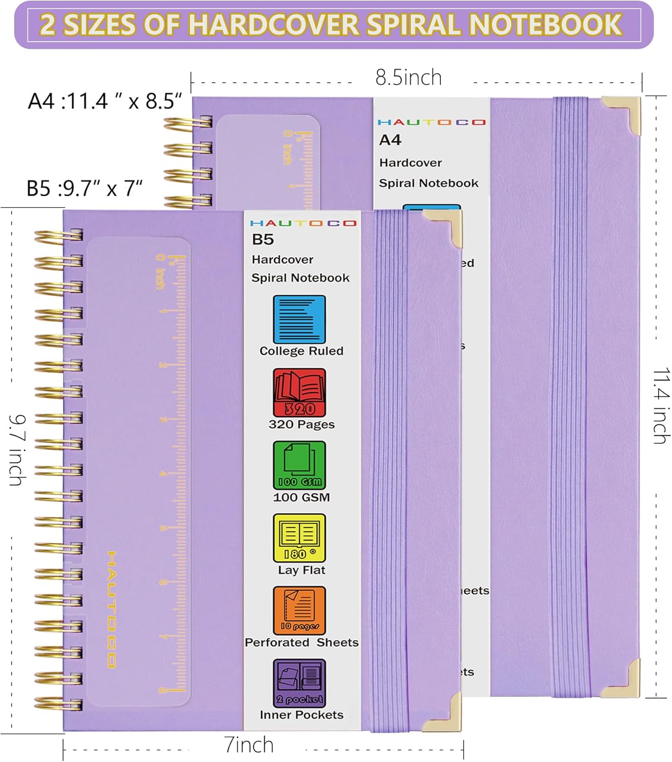 HAUTOCO Spiral Notebook, B5 Purple Hardcover Leather Notebooks, College Ruled Notebook with 320 Pages, 100 GSM Paper, 7"x 9.7" Lined Journaling Notebooks for Girls Women Work School Office