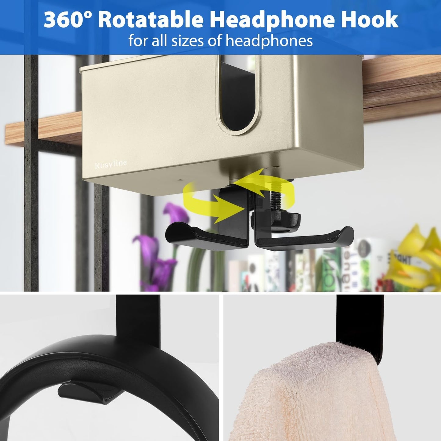 ROSLINE 3-in-1 Clip-on Desk Organizer - Pen, Headphone, and Cup Holder for Expanding Office and Gaming Space (Champagne)