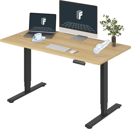 FLEXISPOT E6 Essential 3 Stages Dual Motor Electric Standing Desk 55x28 Inch Whole-Piece Board Height Adjustable Electric Sit Stand Desk(Black Frame + Maple Desktop, 2 Packages)