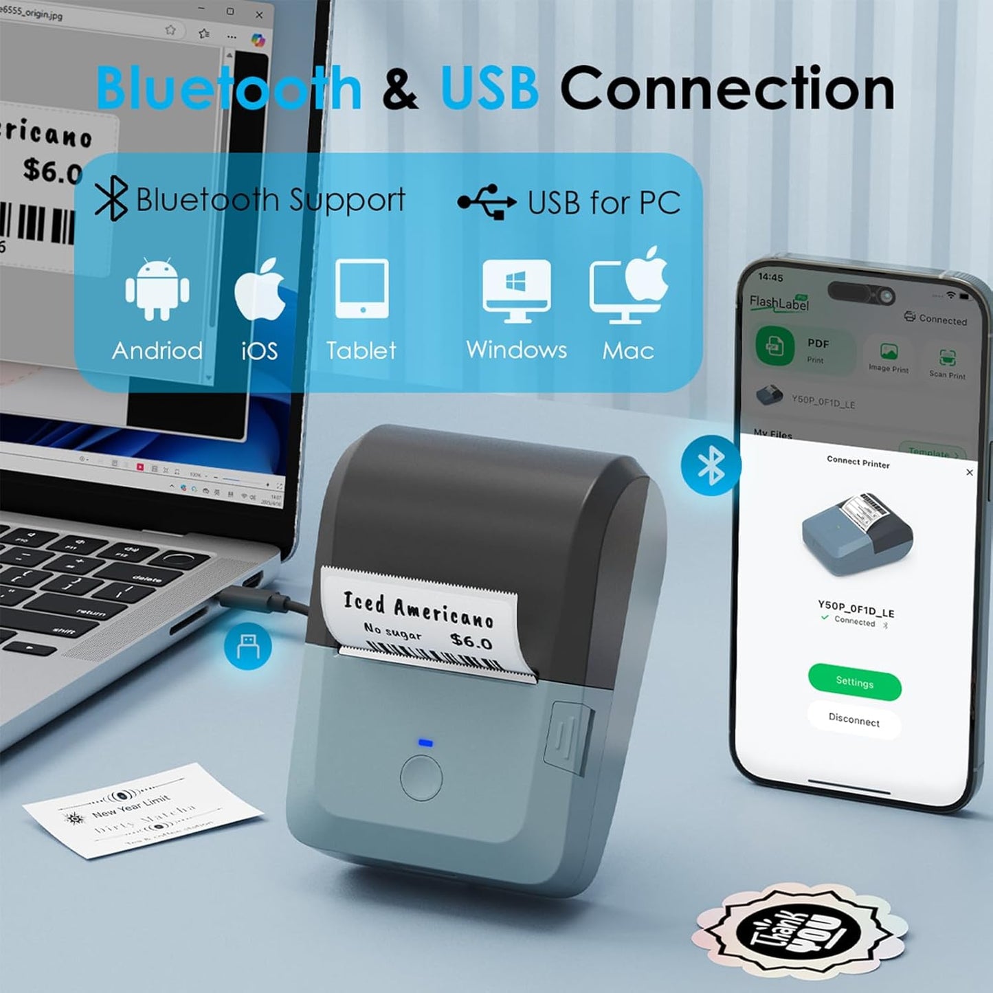 Bluetooth Label Maker Machine with Tape, Y50P Portable Thermal Sticker Maker for Home Office, Small Bussiness & School – Logo Stickers Printer – Includes 230 Labels, Black