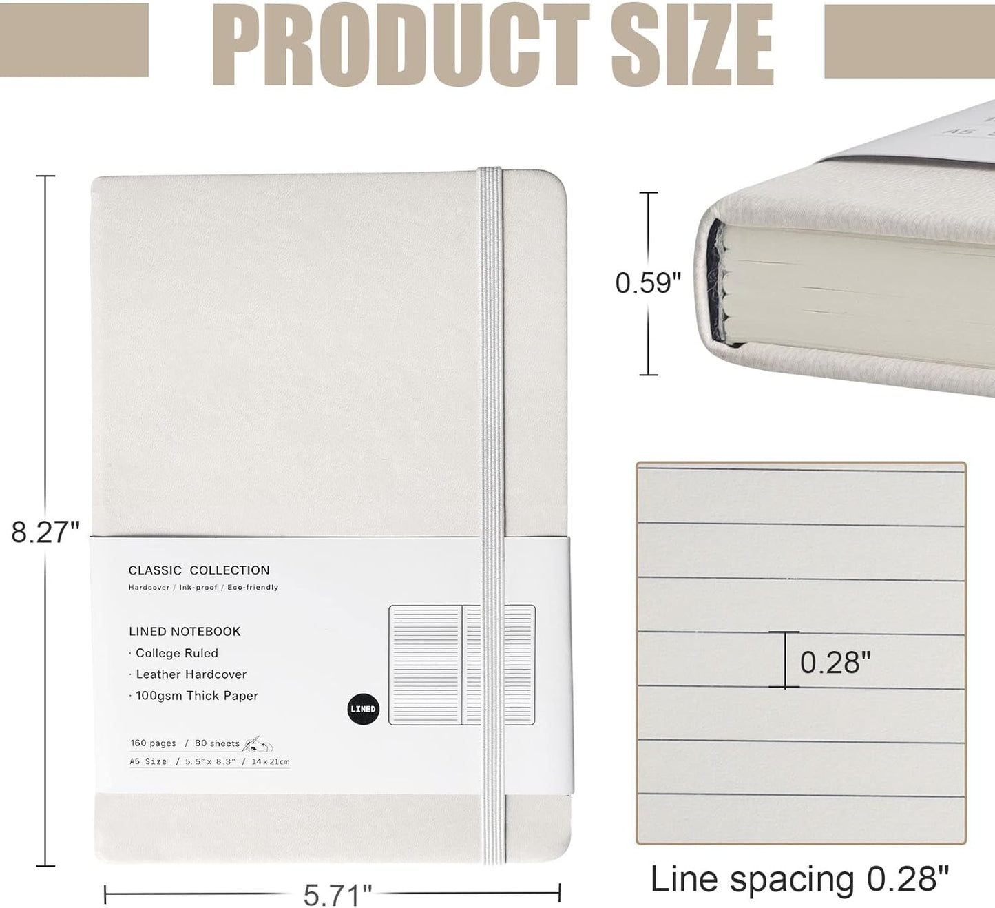 Lined Journal Notebook, (White), 160 Pages, Medium 5.7 inches x 8 inches - 100 gsm Thick Paper, Hardcover