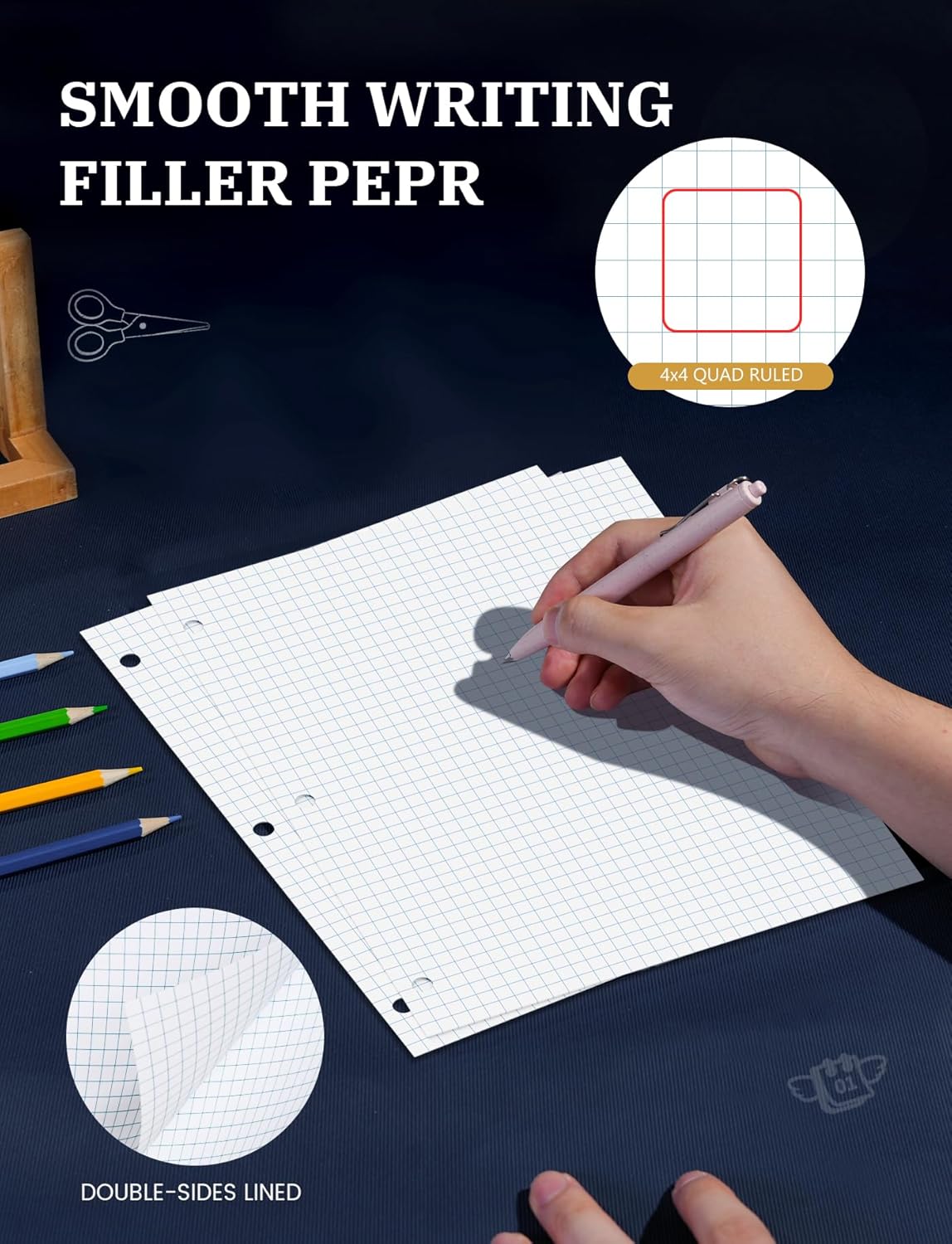 240 Sheets Loose Leaf Paper, 4x4 Graph Ruled, 8''x 10.5'' Filler Paper, 3-Hole Punched Binder Paper, Quad Ruled Graph Paper 8 x 10-1/2, Quadrille Graph Paper Loose Leaf Bulk with 3-Ring for Binder