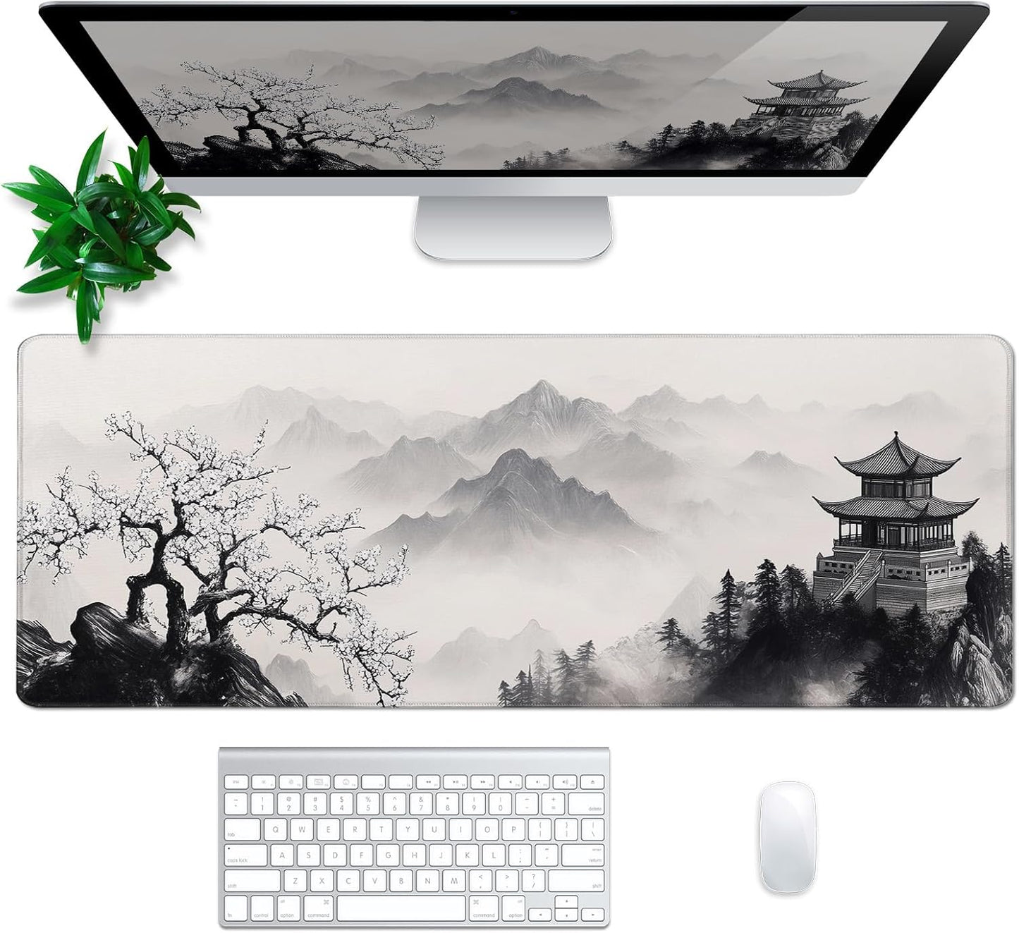 Pagoda Mouse Pad Abstract Cherry Blossom Watercolor Mouse Pad 31.5x11.8 Inch Texture Non-Slip Rubber Base Large Mousepad Stitched Edges Keyboard Mouse Mat Desk Pad for Office