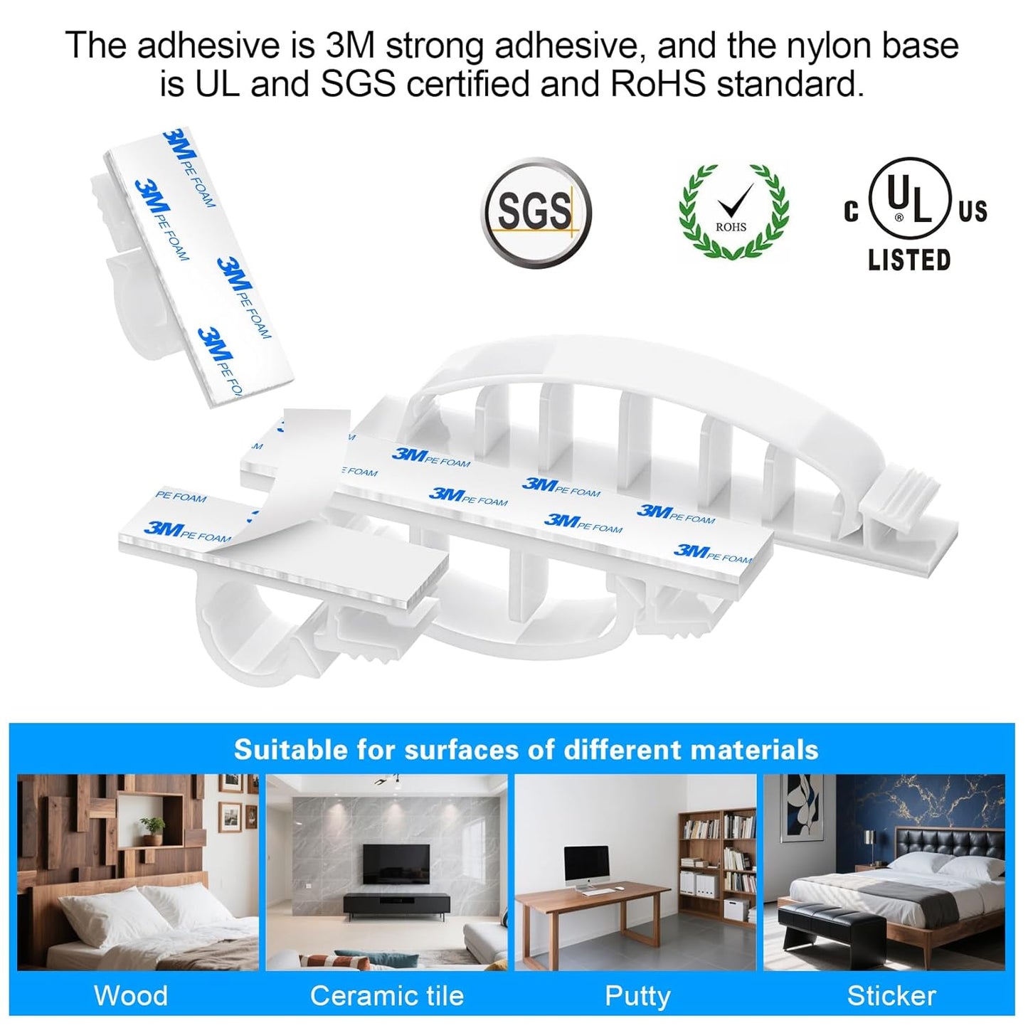 XHF 30pcs Adhesive Cable Wire Clips Kit White, Outdoor Cable Management Wire Organizer Cord Holder for Under Desk, Car, Wall, TV PC Ethernet Cable