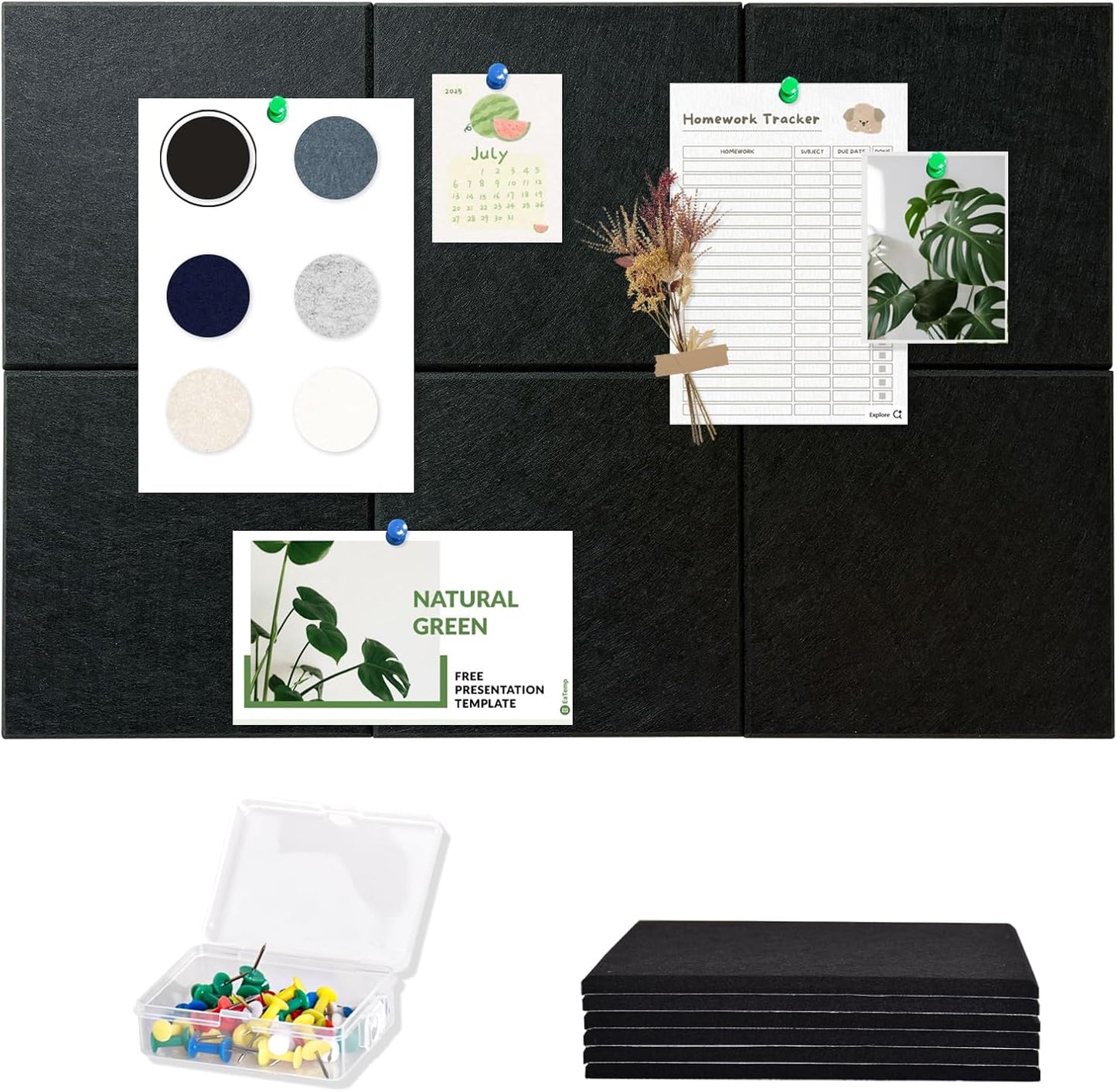 Large Cork Board for Wall with Pins, 36" x 24" Bulletin Board Self-Adhesive Pin Board | Customized 6 Packs Felt Tiles for Office Home Wall Decor, Black