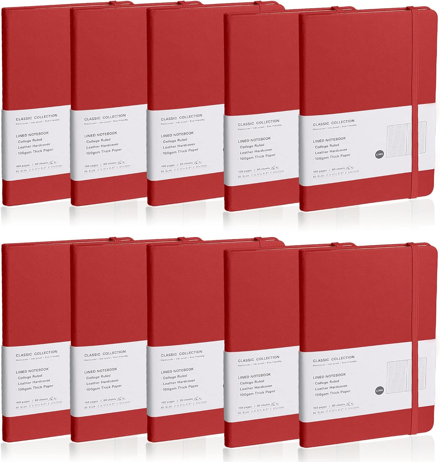 Lined Journal Notebook, 10Pack(Red), 160 Pages, Medium 5.7 inches x 8 inches - 100 gsm Thick Paper, Hardcover