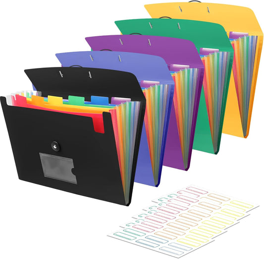 5 Pack 7 Pocket Accordian File Organizer, Expanding File Folder with Labels, Plastic Expandable File Folder for Documents Letter Size A4 Papers, Ideal for Home, Office Supplies, College Essentials