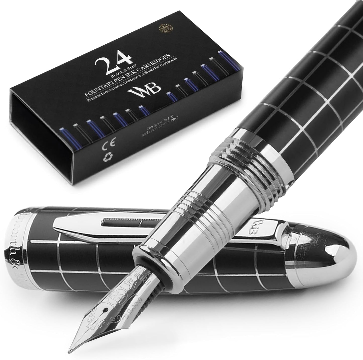 Wordsworth & Black Majesti Fountain Pen-(Checked), Luxury Case, Chrome Finish; Extra Fine Nib- Ink Cartridges, Refillable Ink Converter-Calligraphy Pen-Best Business Gift Set for Men & Women