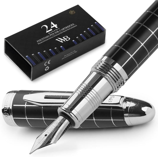 Wordsworth & Black Majesti Fountain Pen-(Checked), Luxury Case, Chrome Finish; Extra Fine Nib- Ink Cartridges, Refillable Ink Converter-Calligraphy Pen-Best Business Gift Set for Men & Women