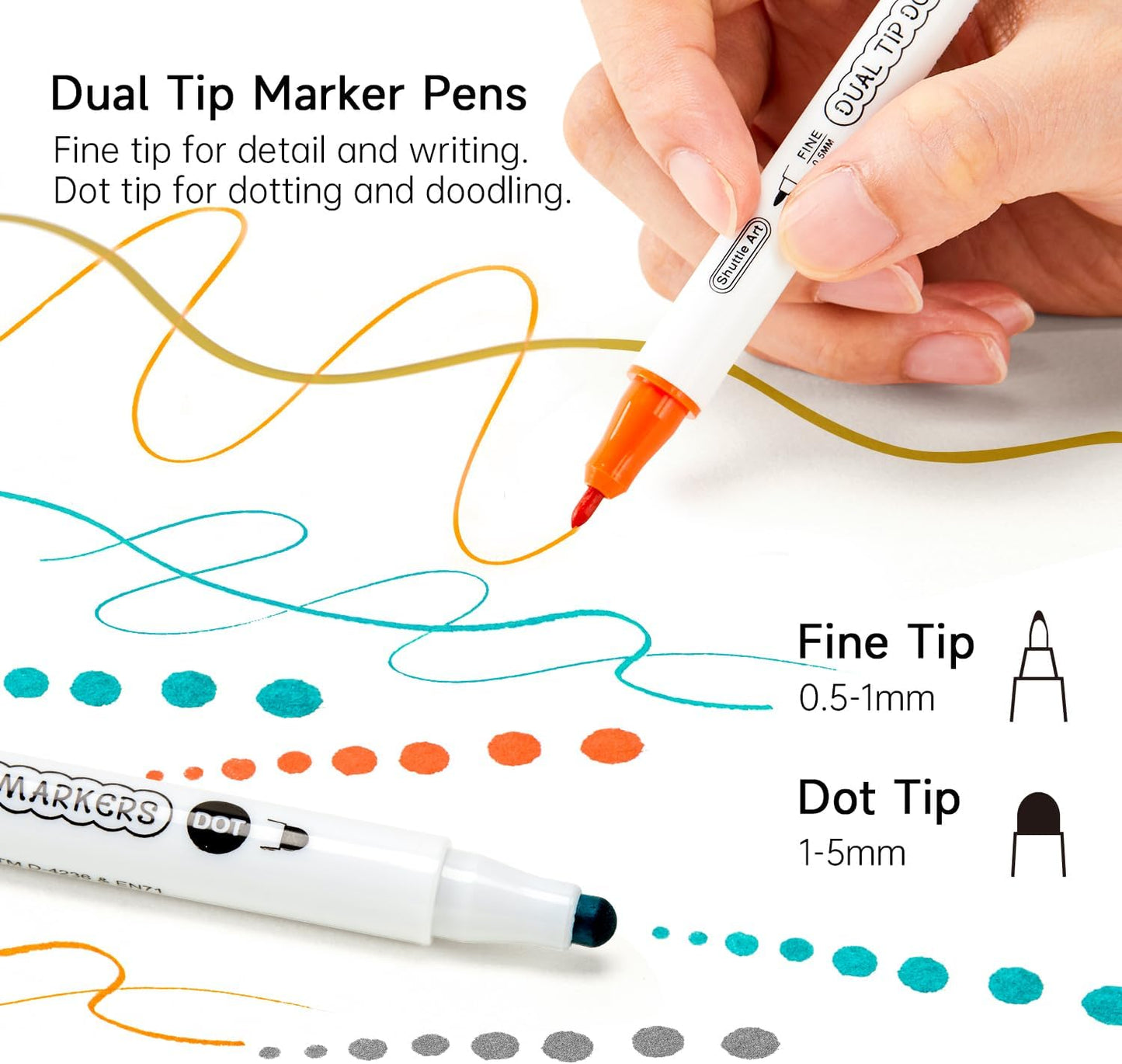 Shuttle Art 18 Colors Dual Tip Dot Marker Pens for Kids Adults, 18 Classic Colors, 0.8mm Fine Tip and Flexible Dot Tip for Journaling, DIY Crafts, Scrapbooks