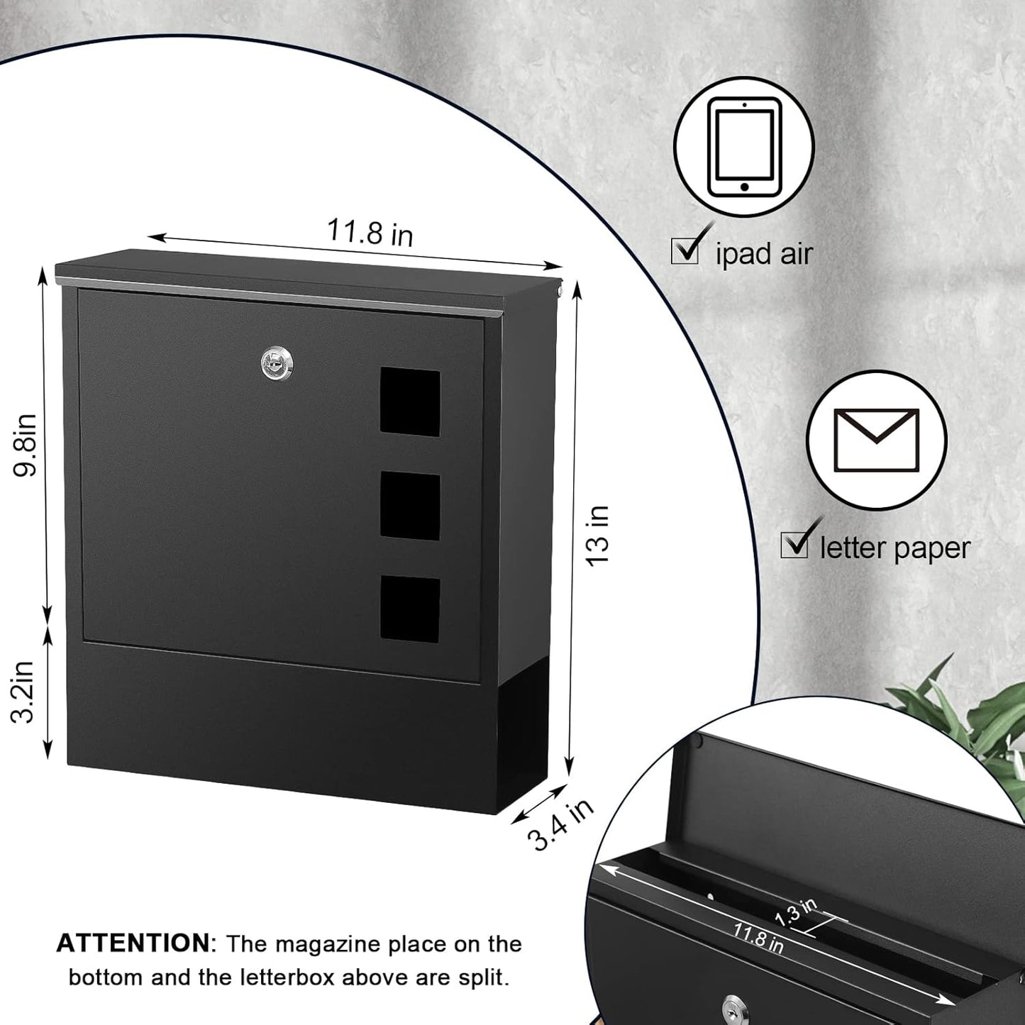 KYODOLED Locking Mailbox Wall Mount, Locked Mail Boxes, Mailbox with Key Lock for Outside, Large Capacity Drop Box for Newspapers, 13 x 3.4 x 11.8 Inch, Black