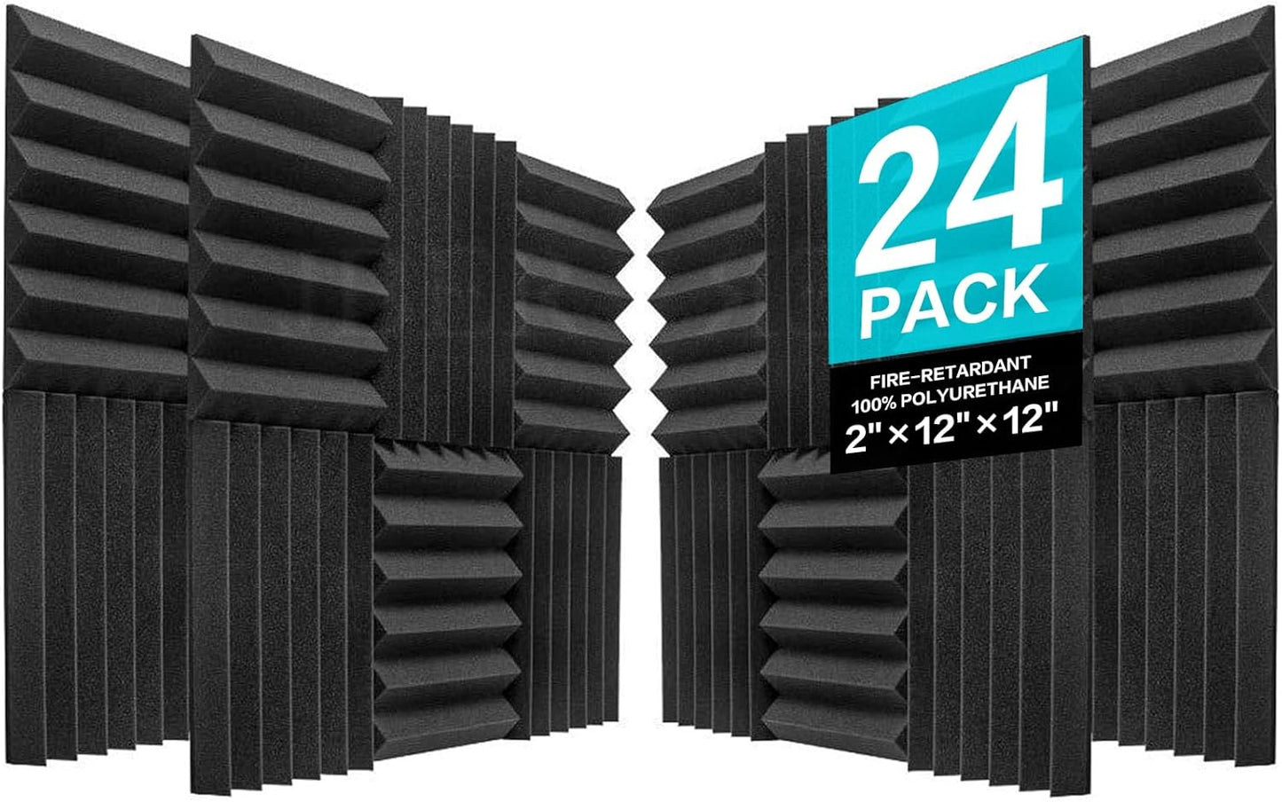 JBER Acoustic Panels Studio Foam Wedges Fireproof Soundproof Padding Wall Panels 2" X 12" X 12" (24 Pack Wedge 2" - Charcoal)