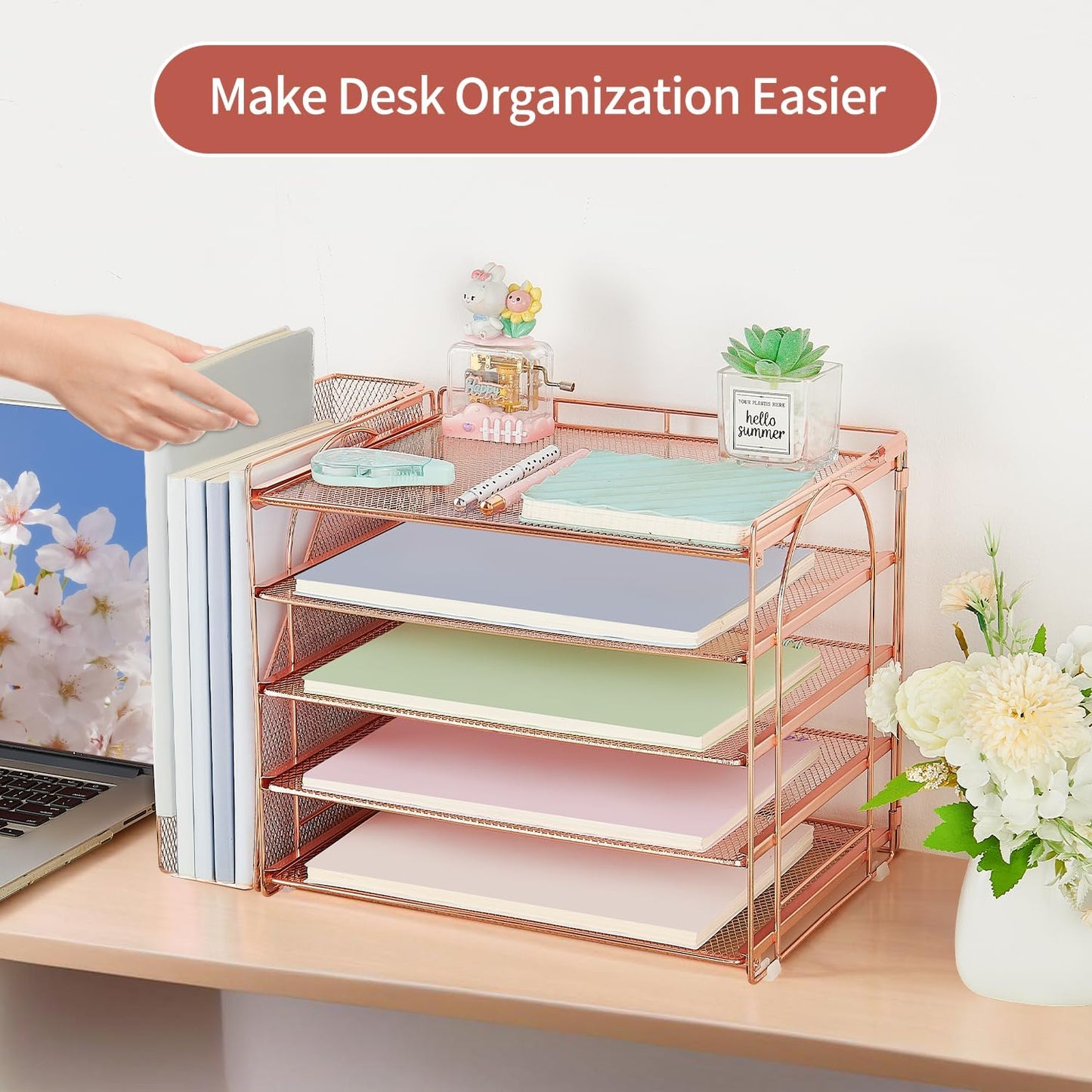 AUPSEN Rose Gold Desk Accessories Organizer,5-Tier Desktop Paper File Organizer with Adjustable File Holder, Office Desk Accessories for Office Supplies