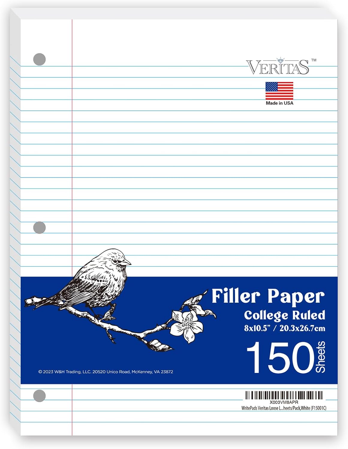 Loose Leaf Notebook Paper, 8"x10-1/2" College Ruled Lined Paper, 3 Hole Punched For 3 Ring Binder, 150 Sheets/Pack, 24PK Per Carton, 3600 Sheets, Made In USA